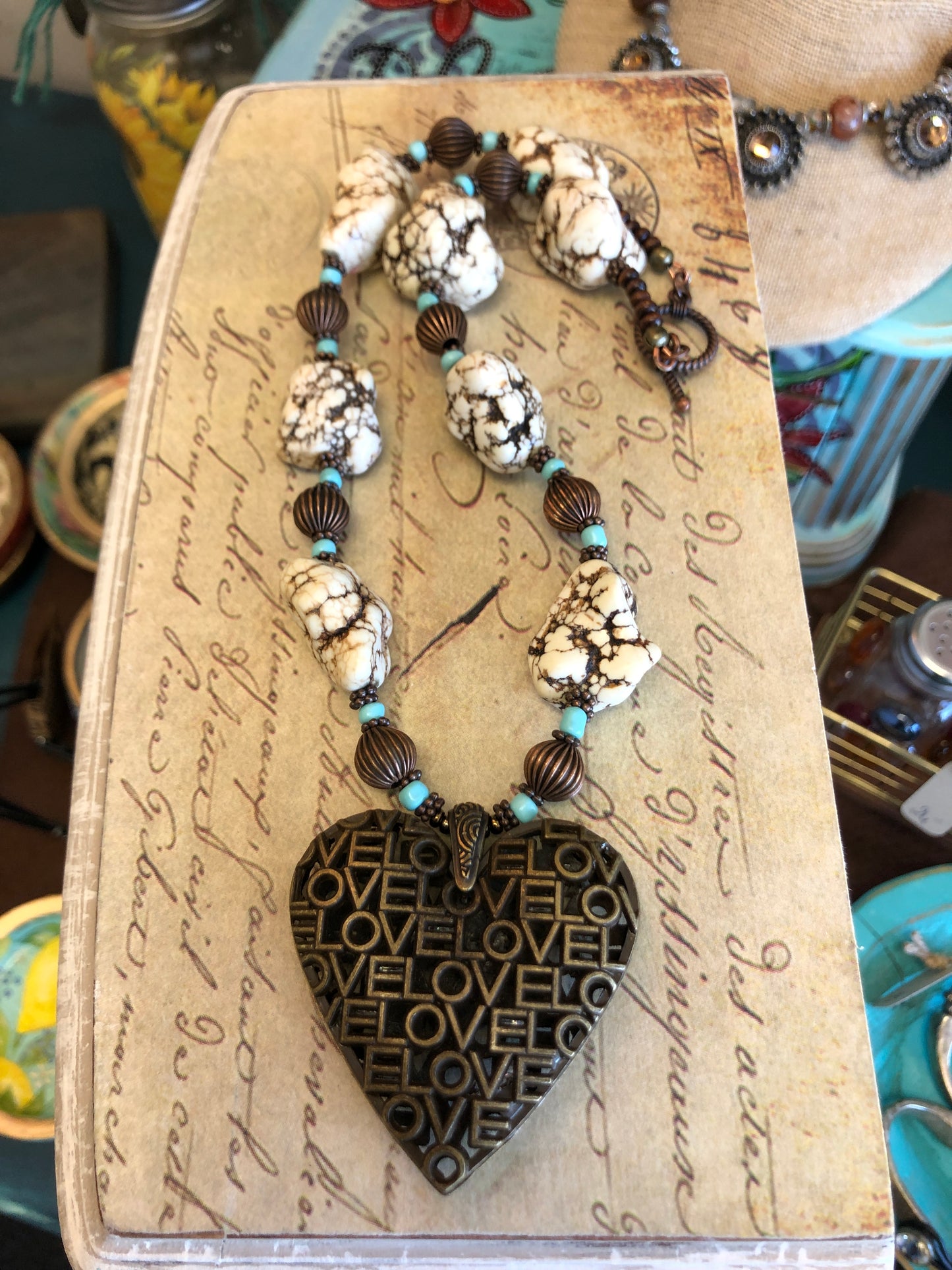 LOVE Heart Necklace, Magnesite, Copper and Glass Beads, 18 Inches Long