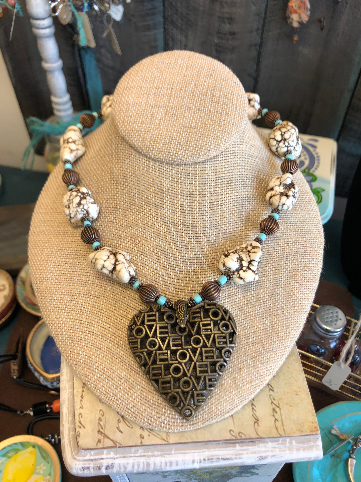 LOVE Heart Necklace, Magnesite, Copper and Glass Beads, 18 Inches Long