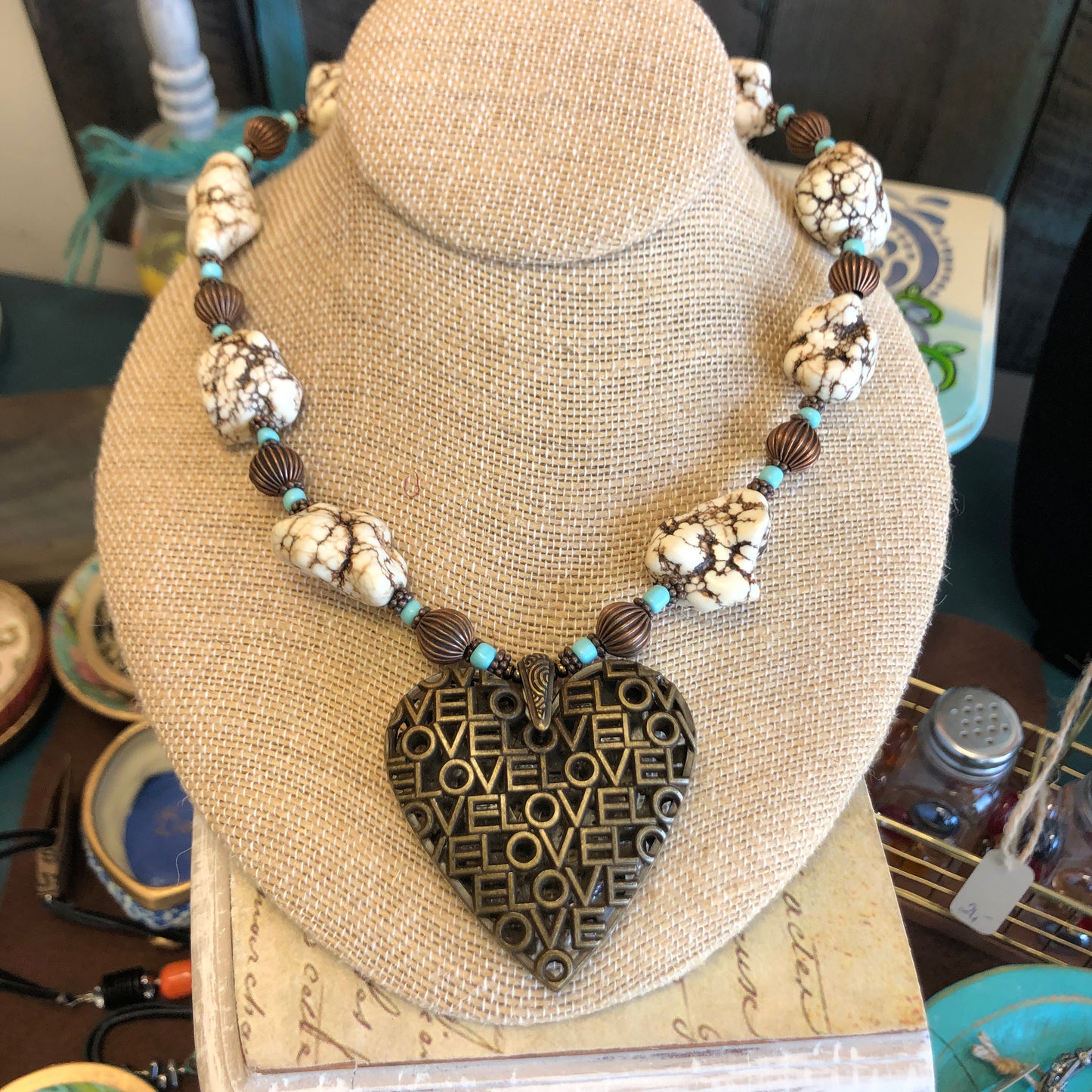 LOVE Heart Necklace, Magnesite, Copper and Glass Beads, 18 Inches Long