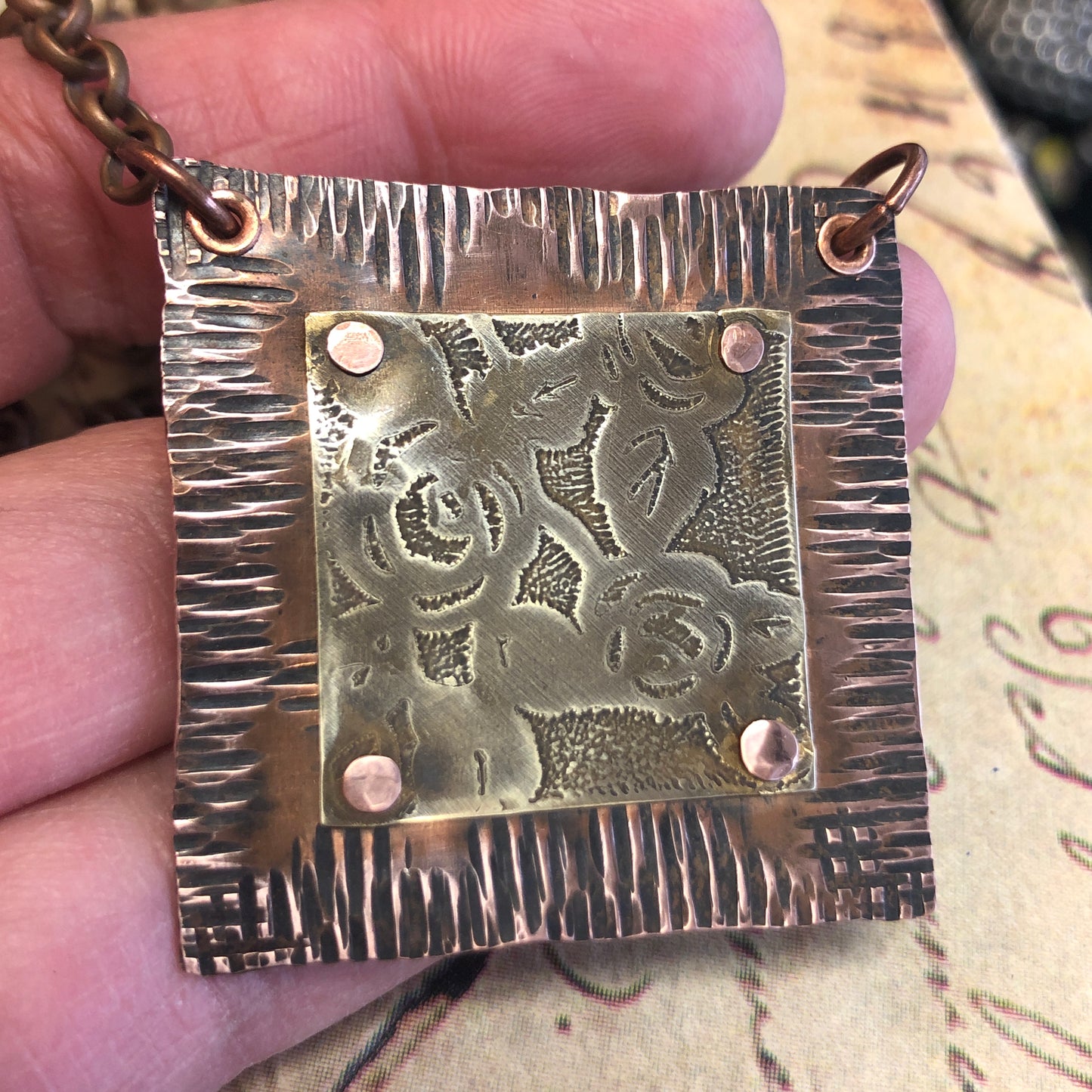 Forged Copper, Etched Brass, Riveted Necklace