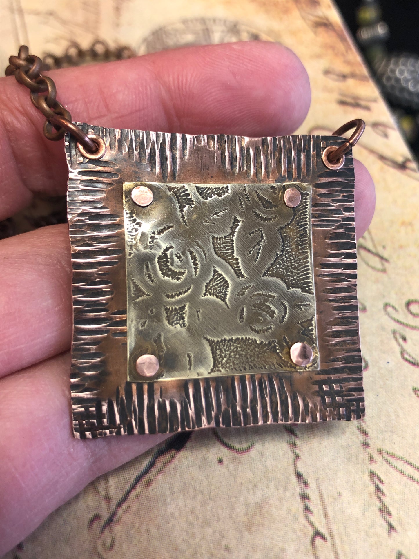 Forged Copper, Etched Brass, Riveted Necklace