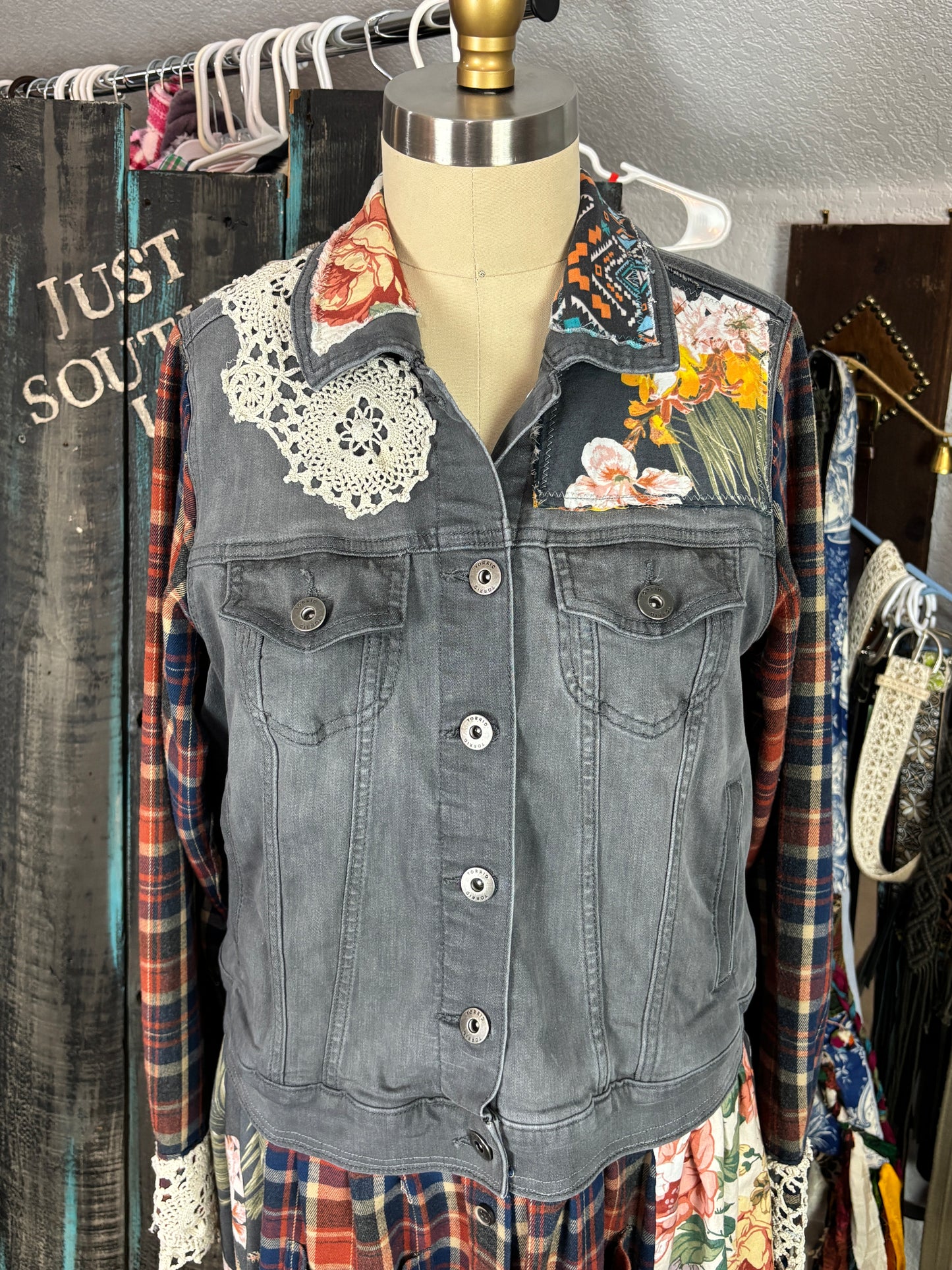 Up-Cycled Denim Jacket, Denim Duster, Long, Highland Cow Applique', Ruffles