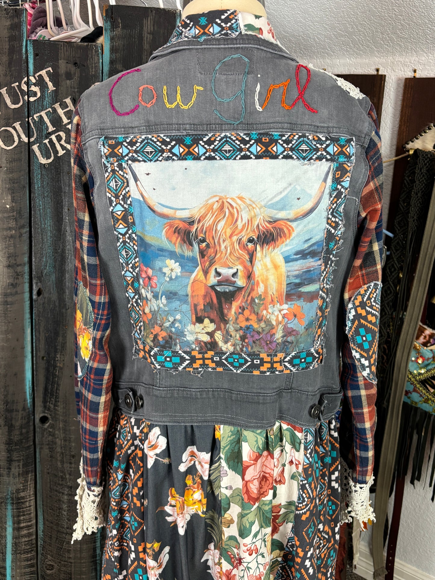 Up-Cycled Denim Jacket, Denim Duster, Long, Highland Cow Applique', Ruffles