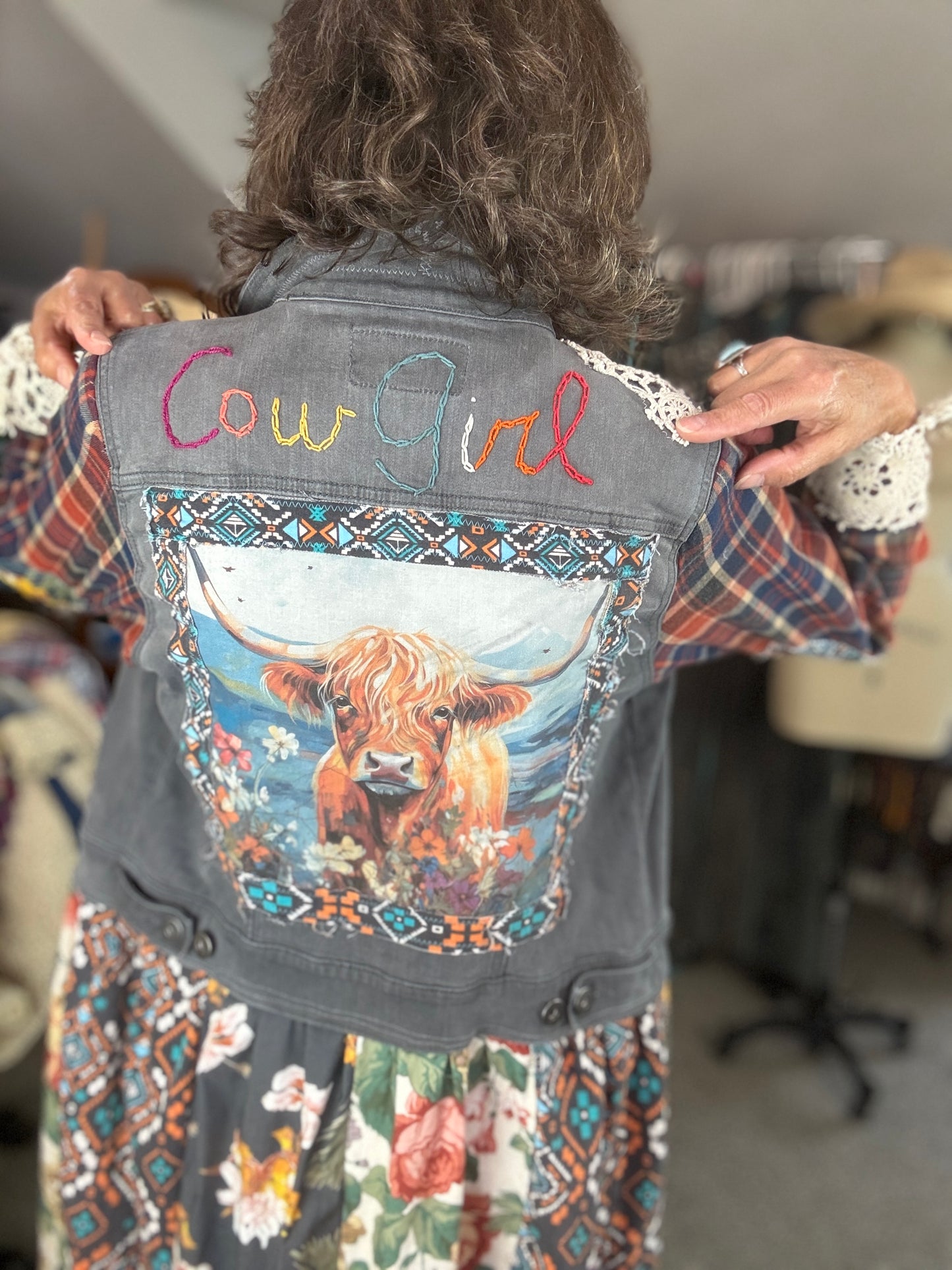 Up-Cycled Denim Jacket, Denim Duster, Long, Highland Cow Applique', Ruffles