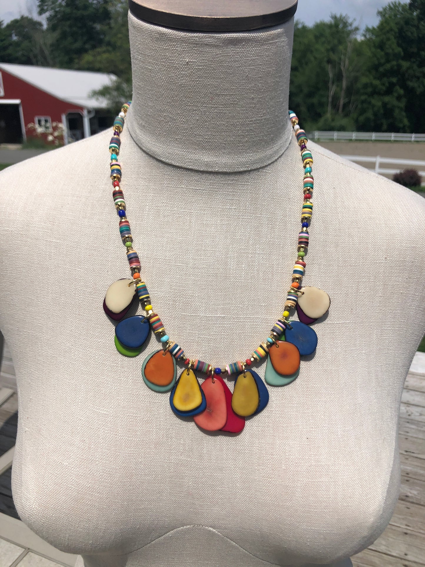 Tagua Nut Necklace, Hand Beaded, Gold Tones, Jewelry