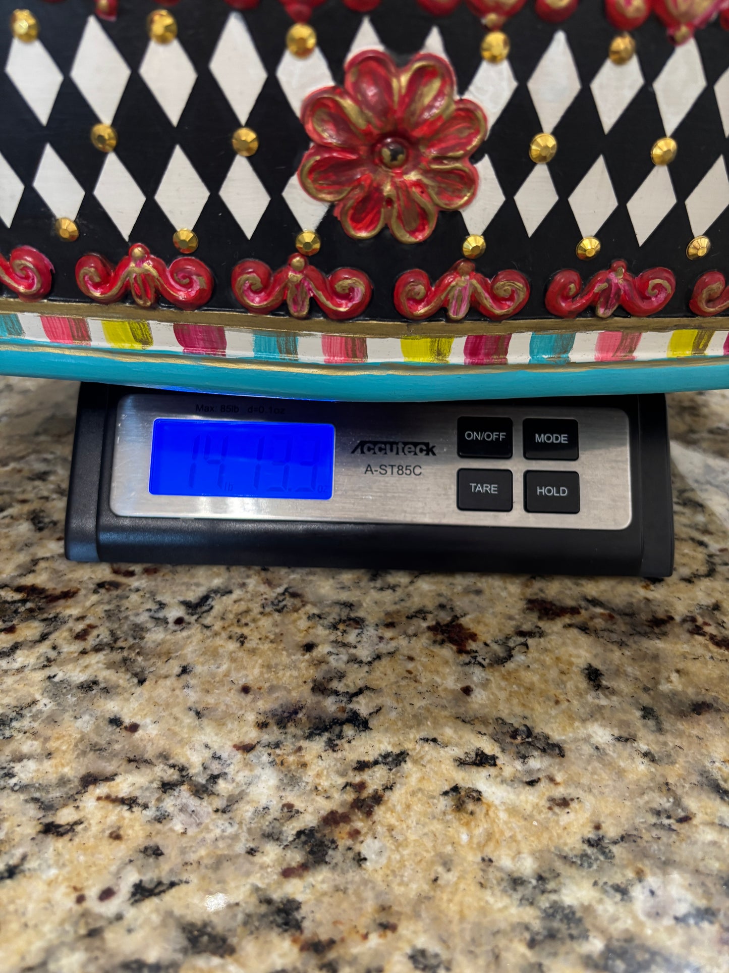 Jewelry Box, Coffee Table Top Box, Bi-Level, Black and White Diamond, Ornate Gold Studs