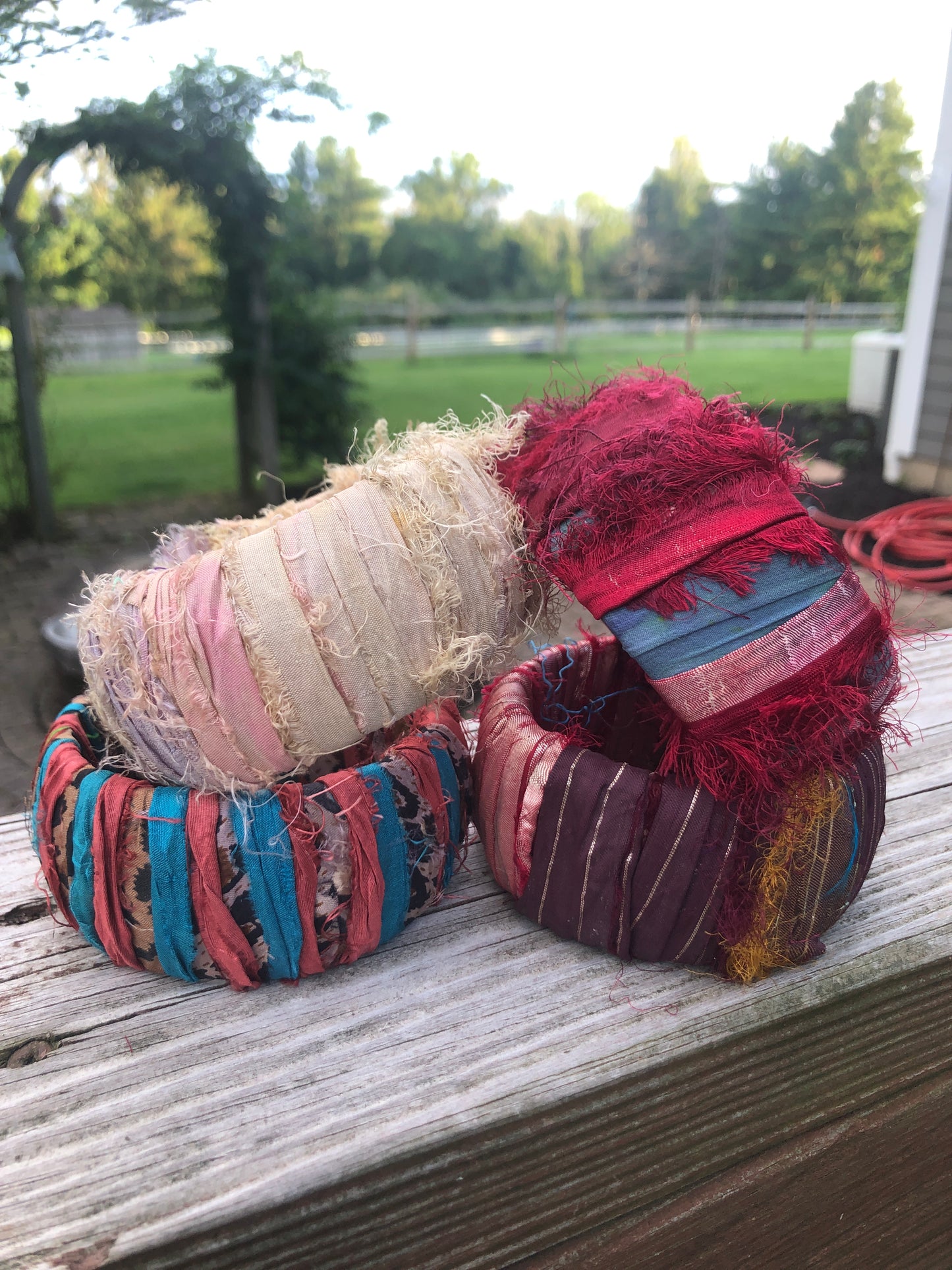 I'm A Little Bit Boho! Sari Ribbon and Wood Bracelets, Bangles, Large, Fabric, Bohemian Jewelry