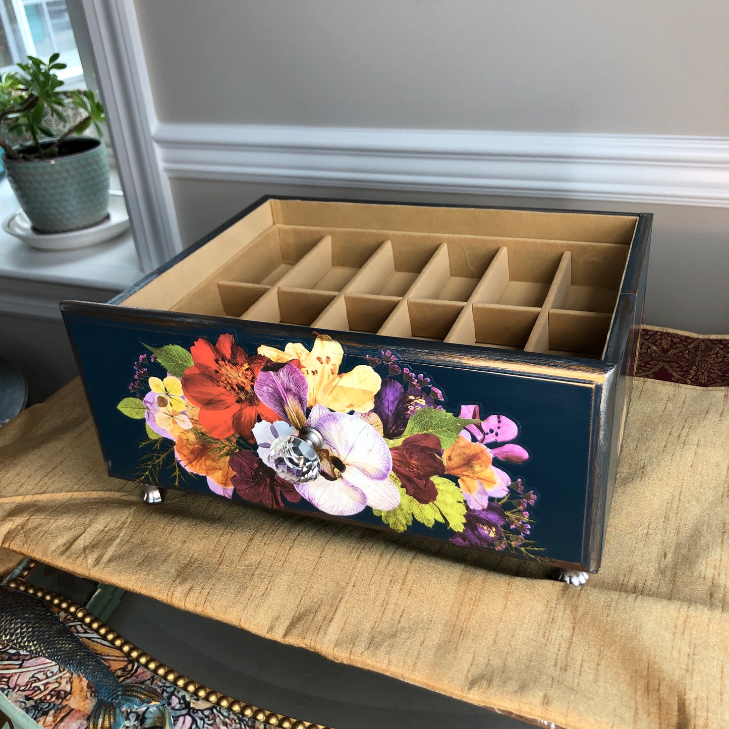 Blue Orchid Grab and Go Jewelry Tray, Small Table Top Floral, Jewelry Organizer, Blue and Beige, Jewelry Box