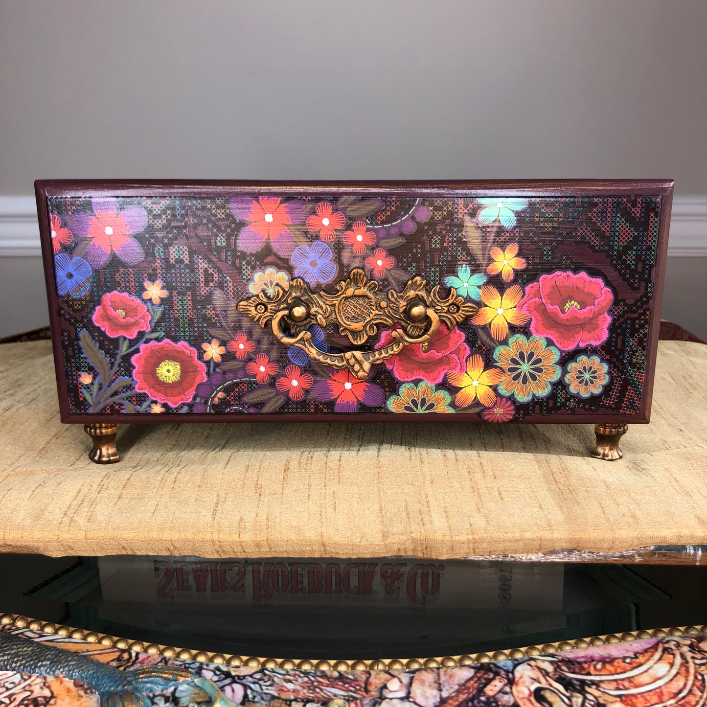 Bohemian Plum Floral Jewelry Box, Jewelry Tray, Small Table Top, Jewelry Organizer, Red Velvet