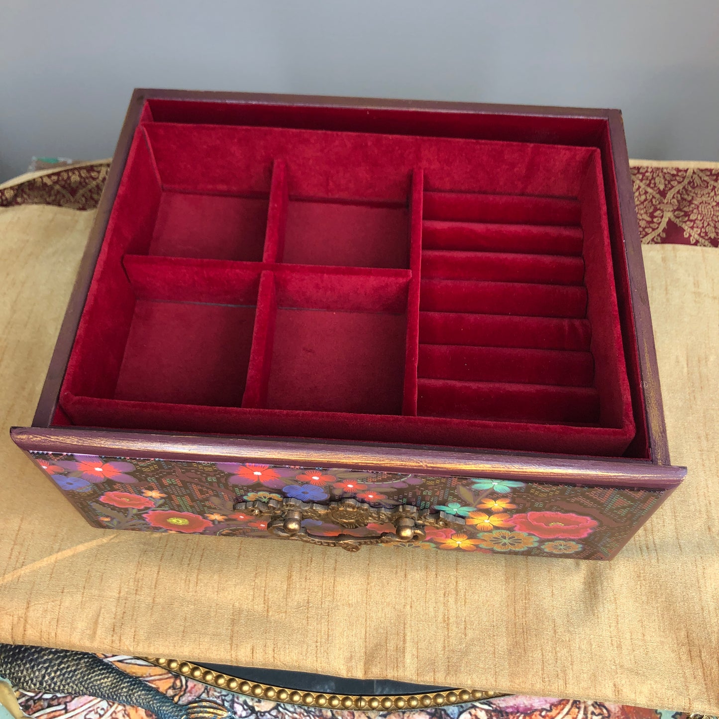 Bohemian Plum Floral Jewelry Box, Jewelry Tray, Small Table Top, Jewelry Organizer, Red Velvet