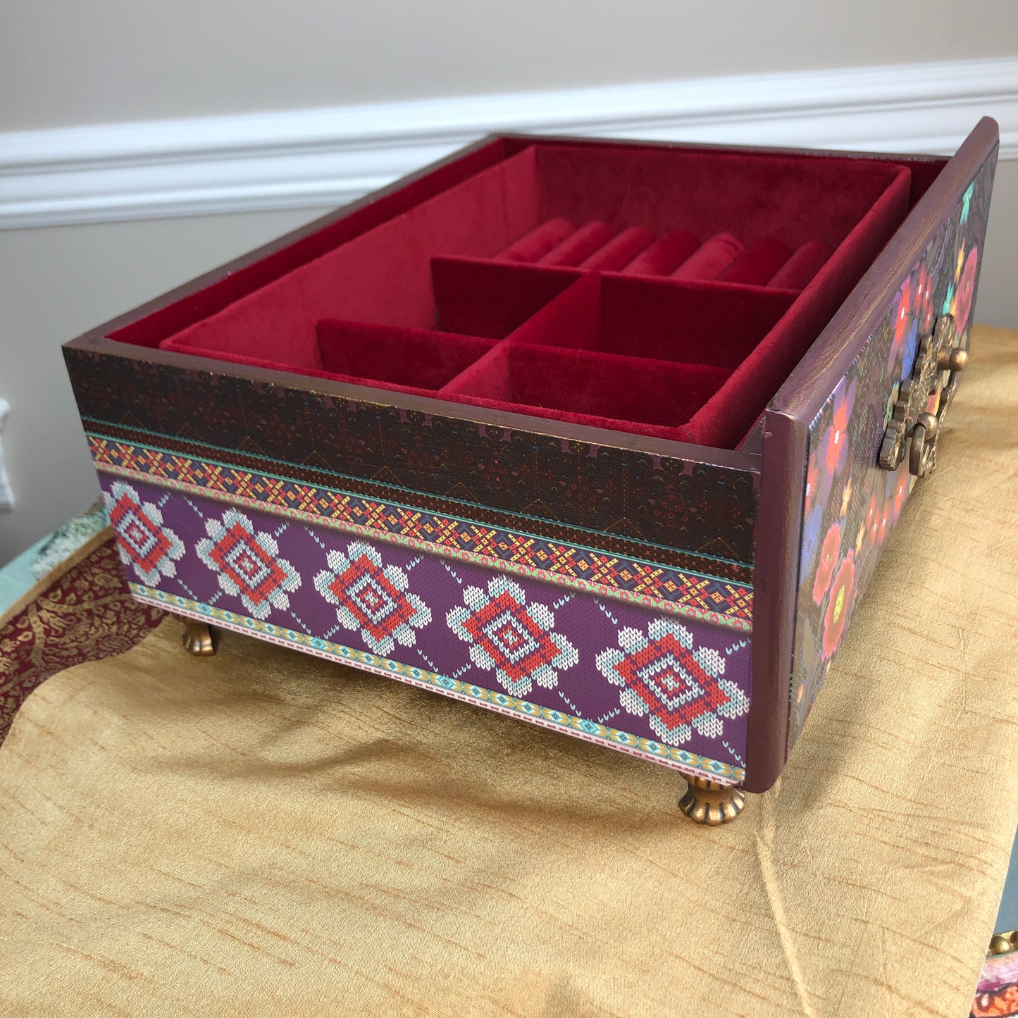 Bohemian Plum Floral Jewelry Box, Jewelry Tray, Small Table Top, Jewelry Organizer, Red Velvet