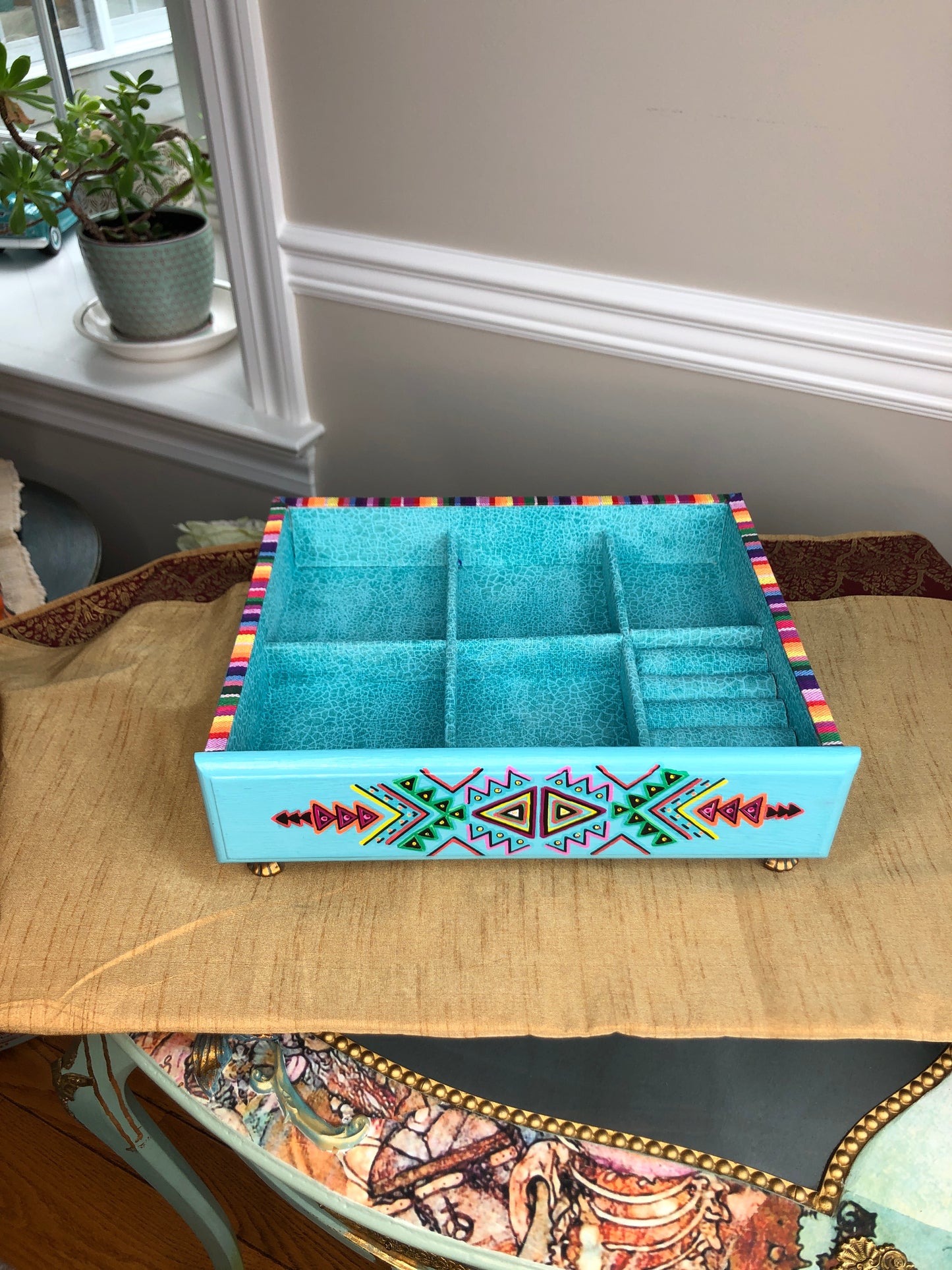 Grab and Go Jewelry Tray, Turquoise Tribal, Mexican Art, Small Table Top, Jewelry Organizer, Jewelry Box