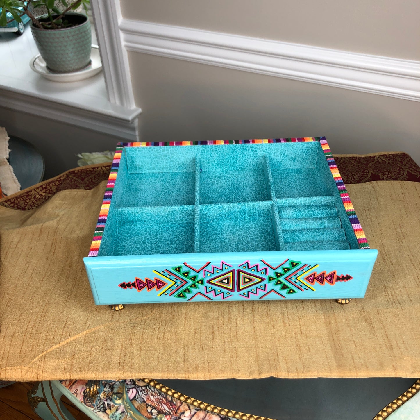 Grab and Go Jewelry Tray, Turquoise Tribal, Mexican Art, Small Table Top, Jewelry Organizer, Jewelry Box