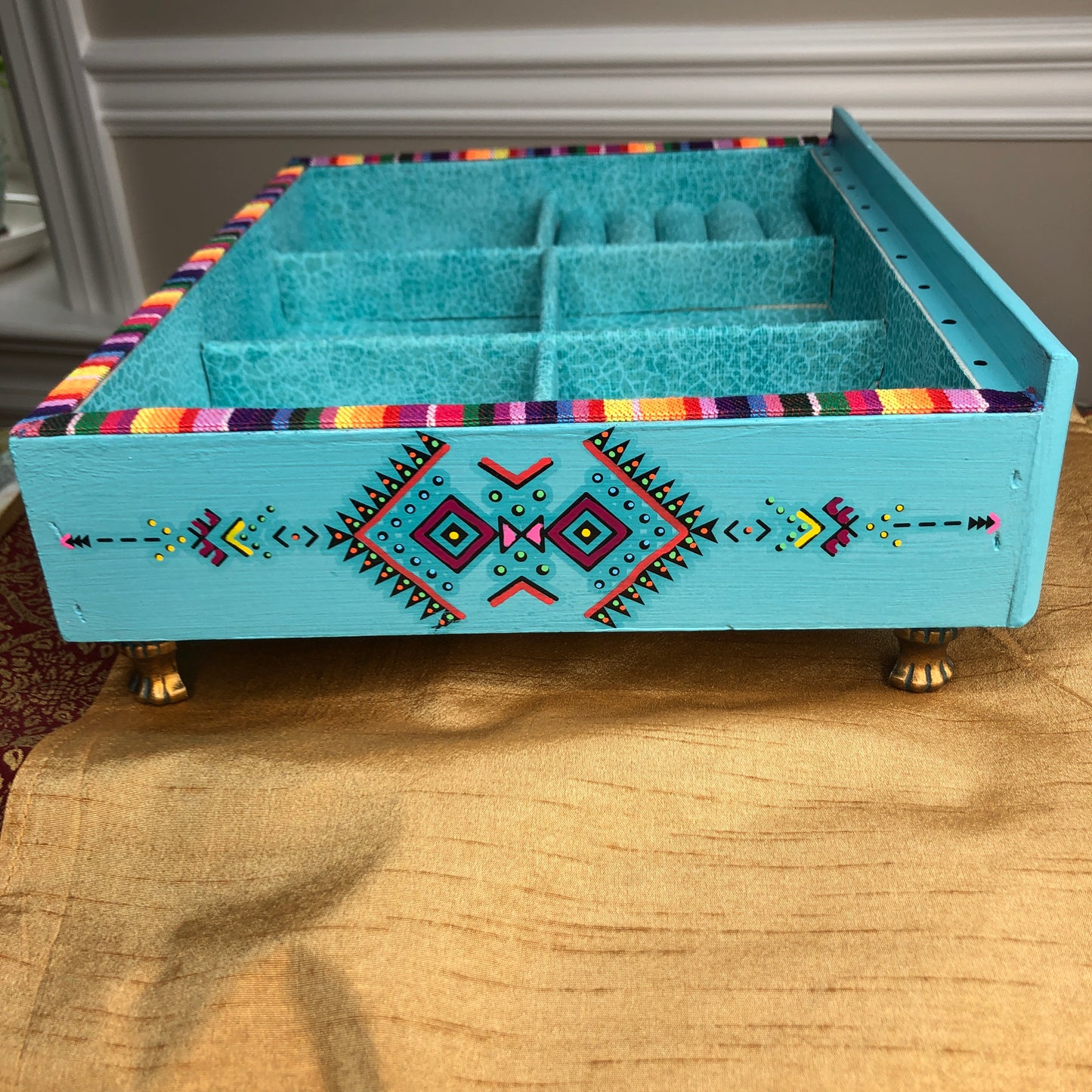Grab and Go Jewelry Tray, Turquoise Tribal, Mexican Art, Small Table Top, Jewelry Organizer, Jewelry Box