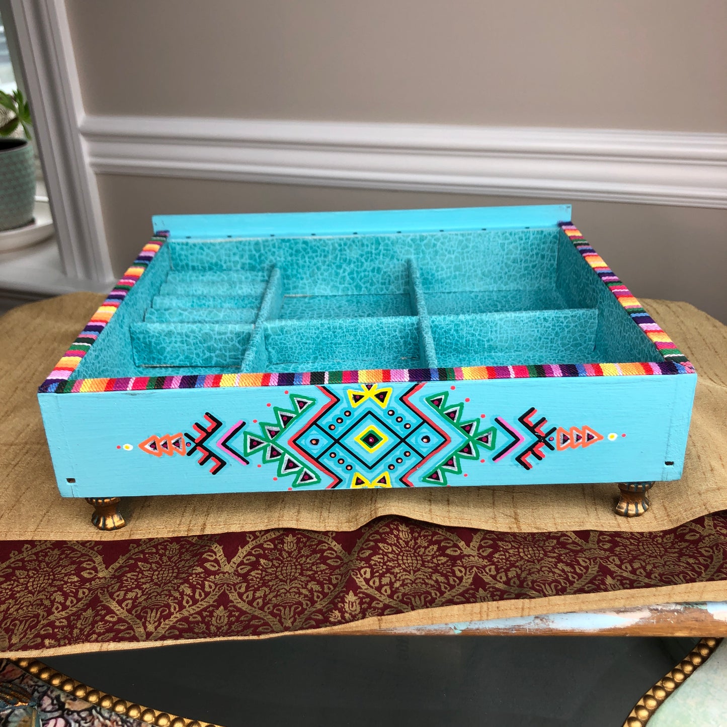 Grab and Go Jewelry Tray, Turquoise Tribal, Mexican Art, Small Table Top, Jewelry Organizer, Jewelry Box
