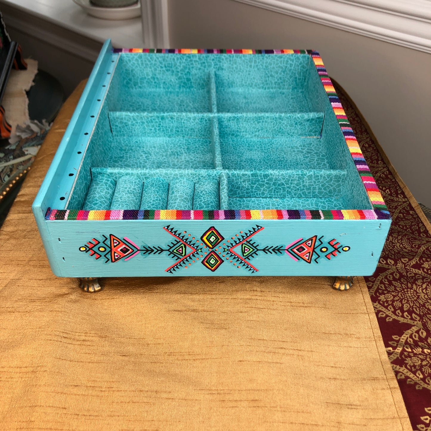 Grab and Go Jewelry Tray, Turquoise Tribal, Mexican Art, Small Table Top, Jewelry Organizer, Jewelry Box