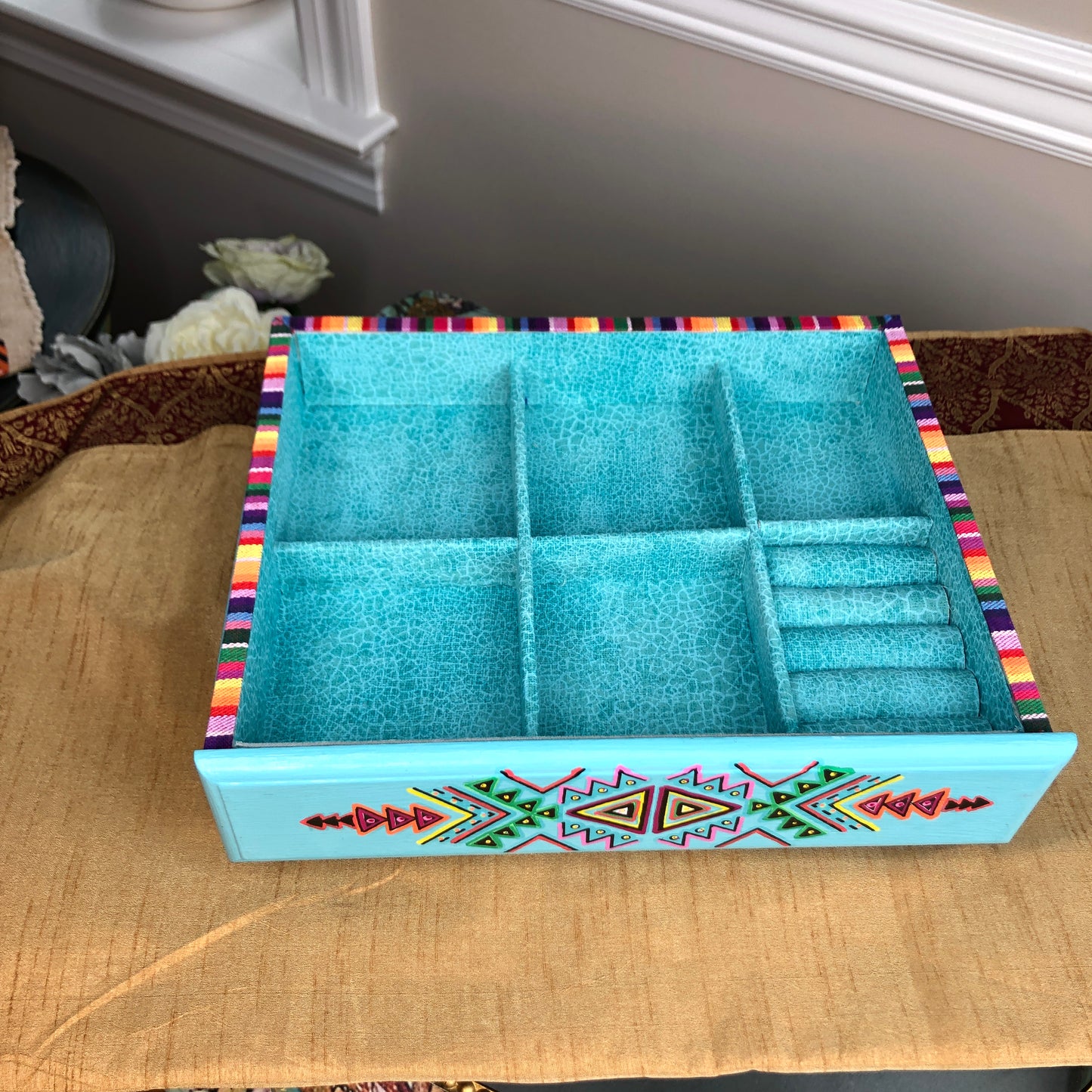 Grab and Go Jewelry Tray, Turquoise Tribal, Mexican Art, Small Table Top, Jewelry Organizer, Jewelry Box