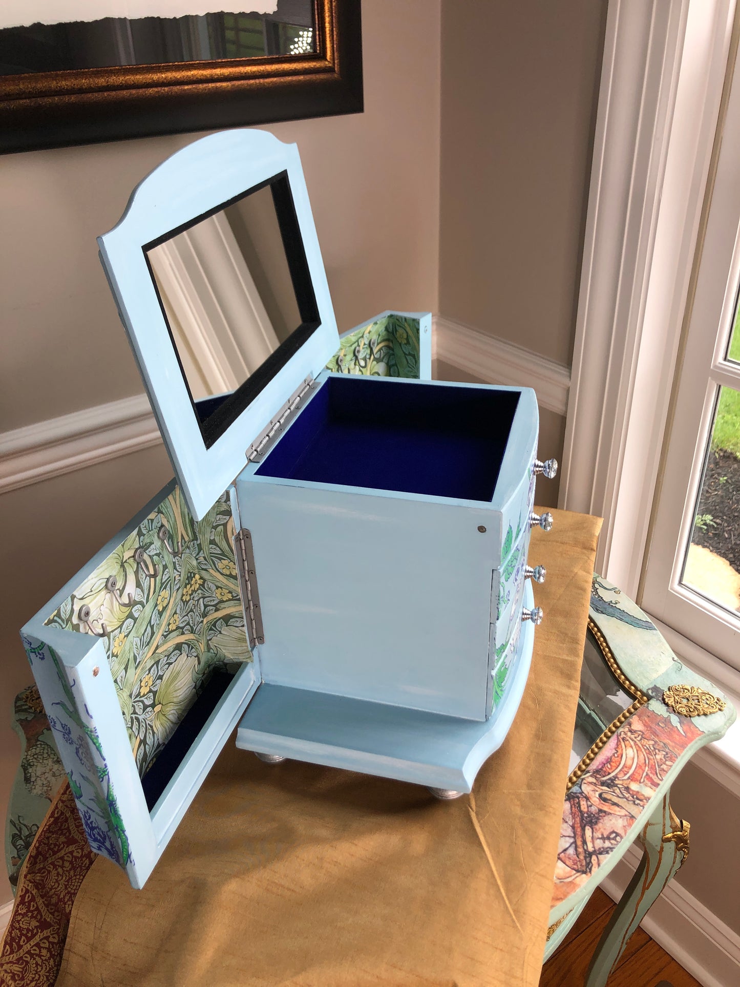 Indigo Floral Jewelry Box, Hand Painted, Shades of Blue, Green and White
