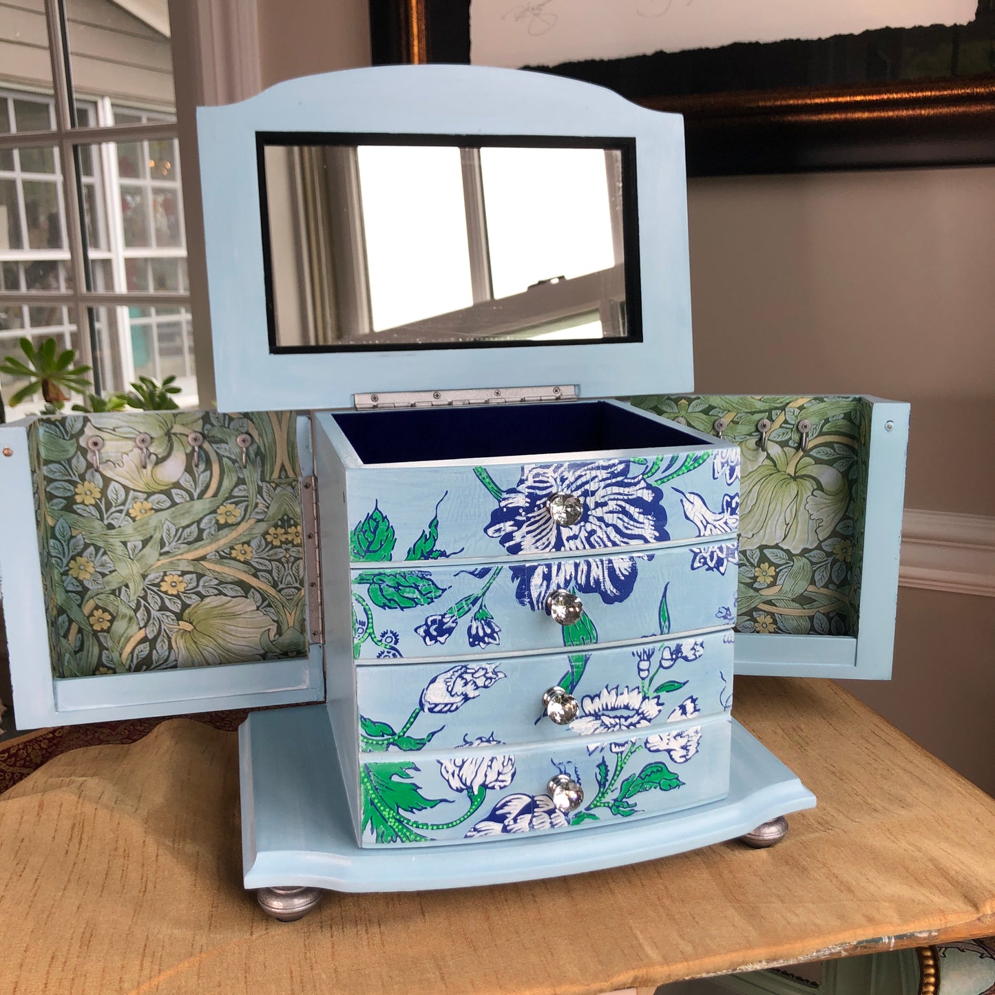 Indigo Floral Jewelry Box, Hand Painted, Shades of Blue, Green and White