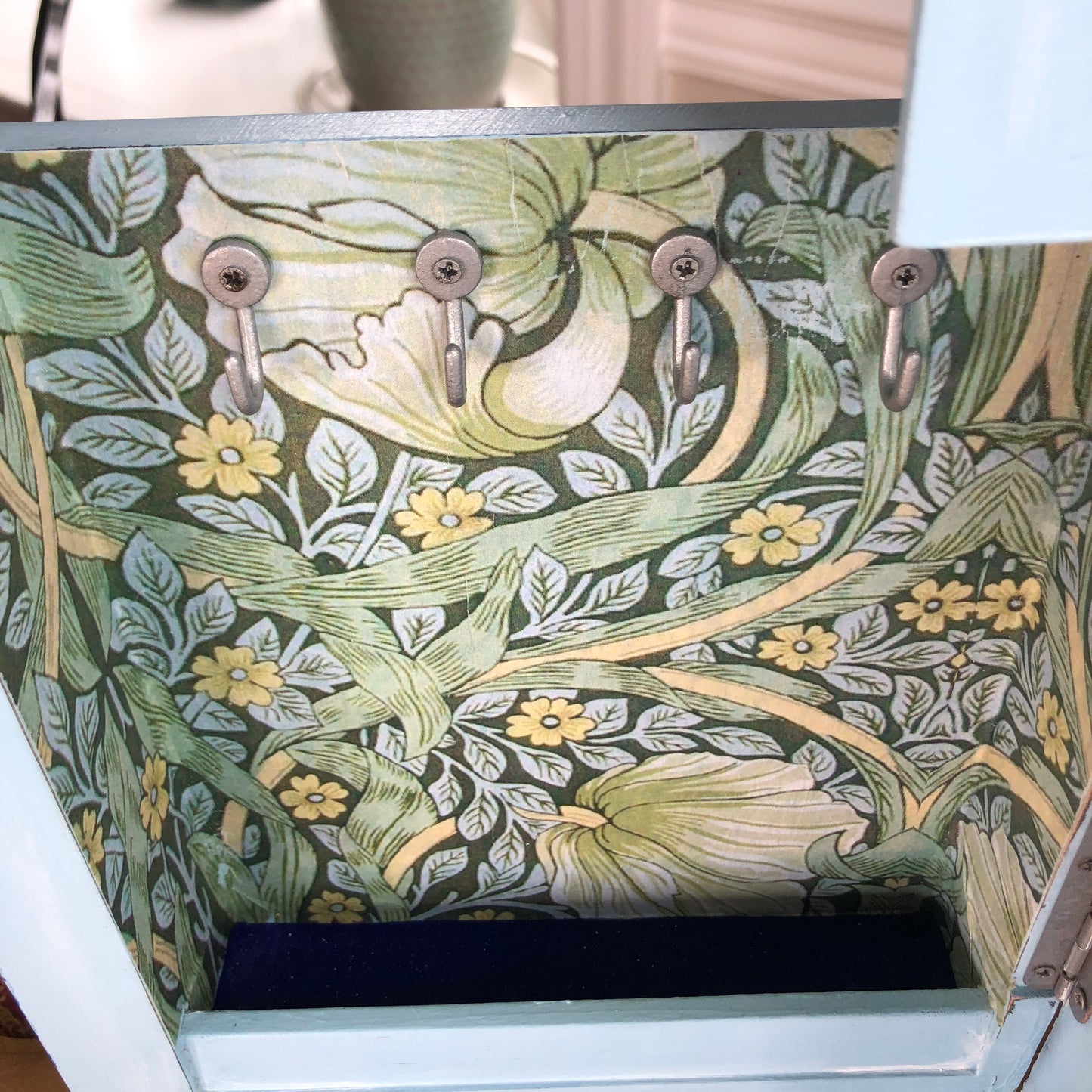 Indigo Floral Jewelry Box, Hand Painted, Shades of Blue, Green and White