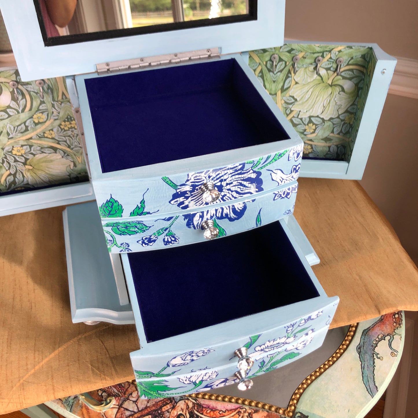 Indigo Floral Jewelry Box, Hand Painted, Shades of Blue, Green and White
