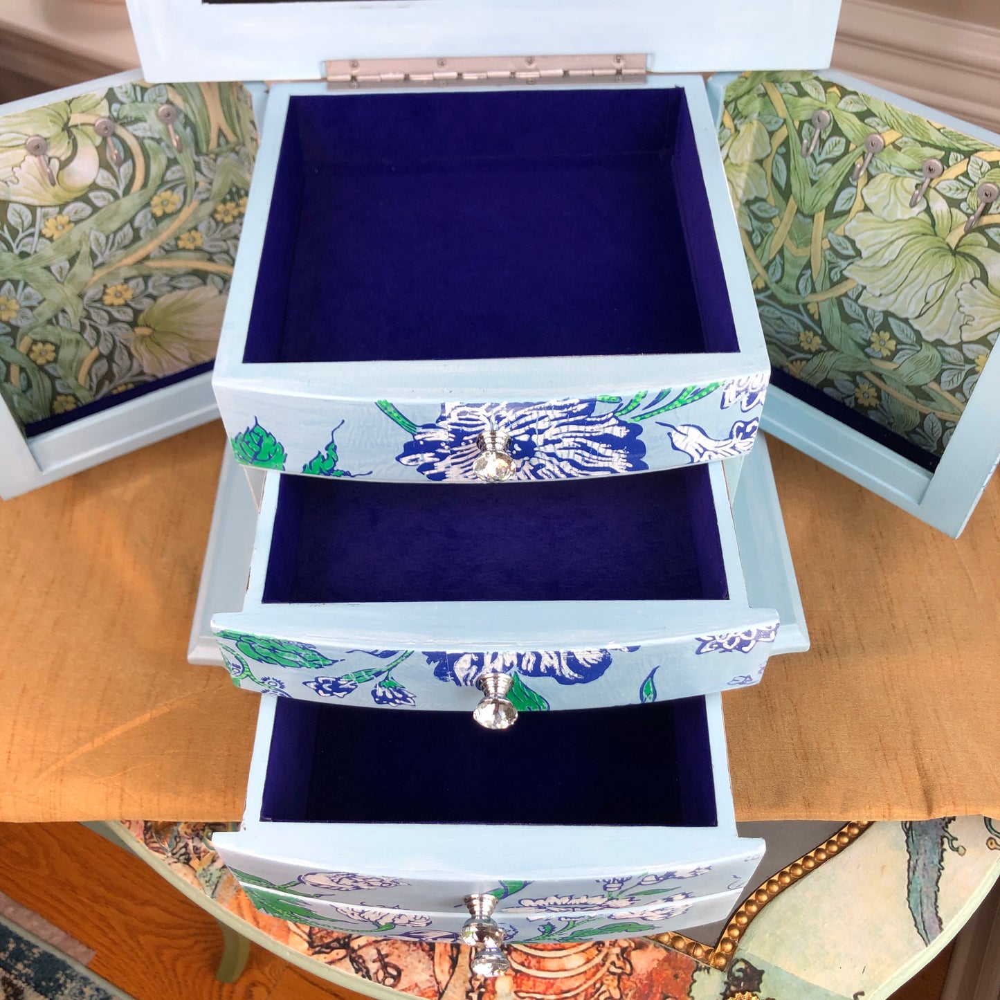 Indigo Floral Jewelry Box, Hand Painted, Shades of Blue, Green and White