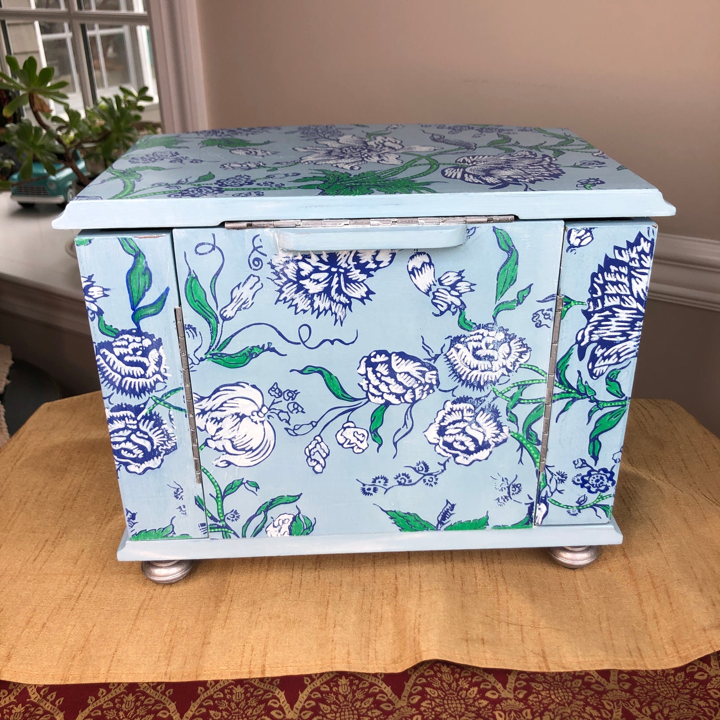 Indigo Floral Jewelry Box, Hand Painted, Shades of Blue, Green and White
