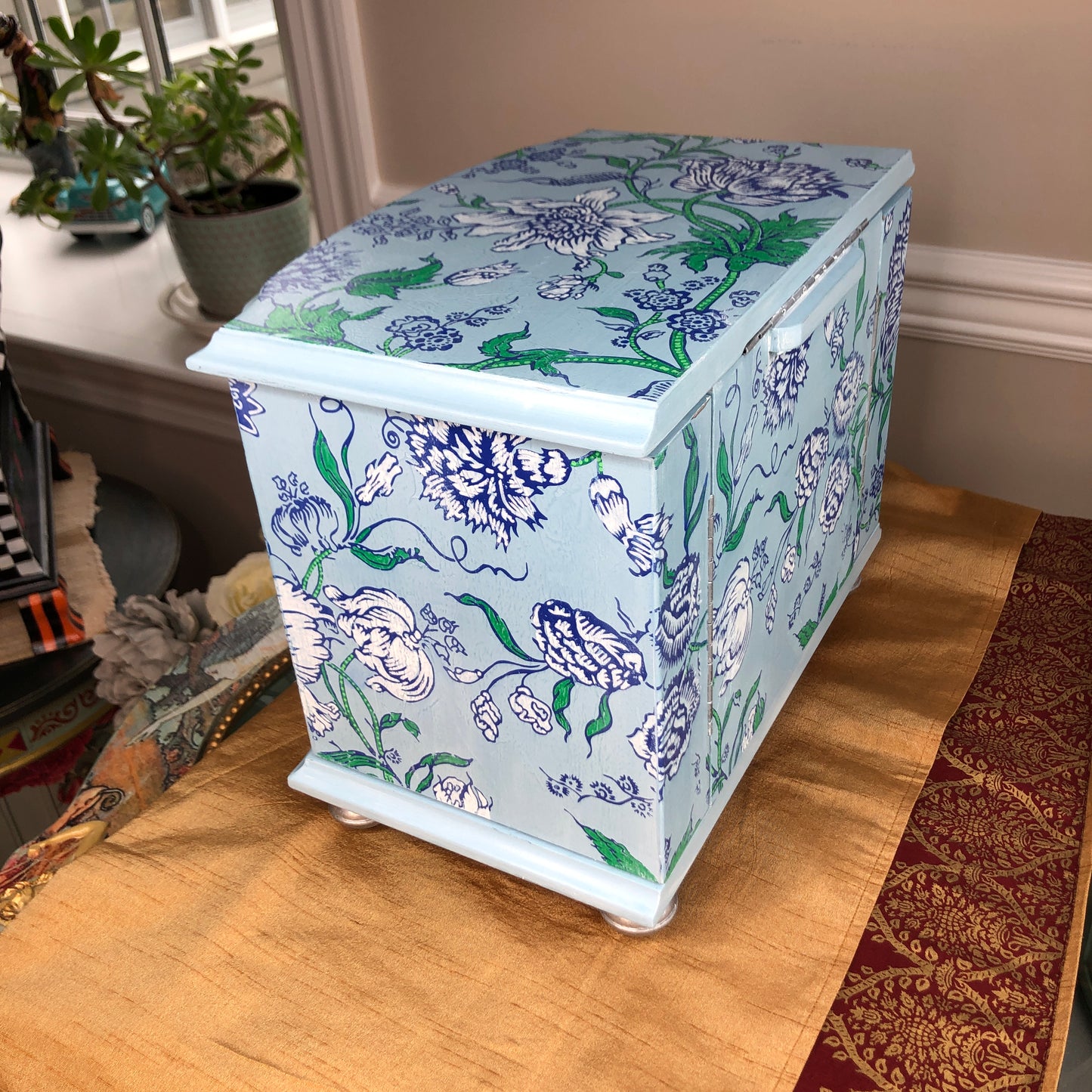Indigo Floral Jewelry Box, Hand Painted, Shades of Blue, Green and White