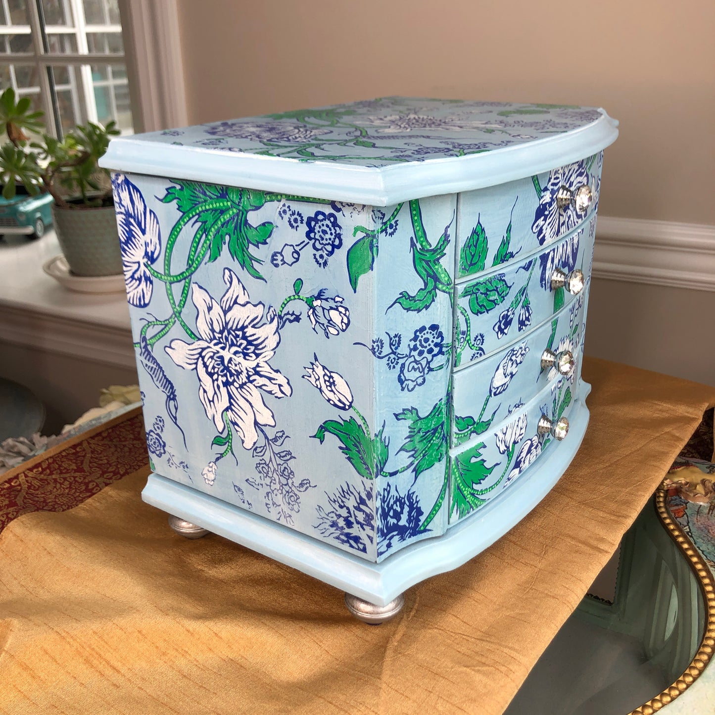 Indigo Floral Jewelry Box, Hand Painted, Shades of Blue, Green and White