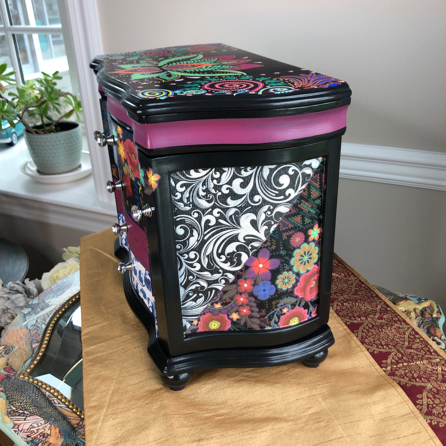 Bohemian Hand Painted Jewelry Box, Black and Multi Color
