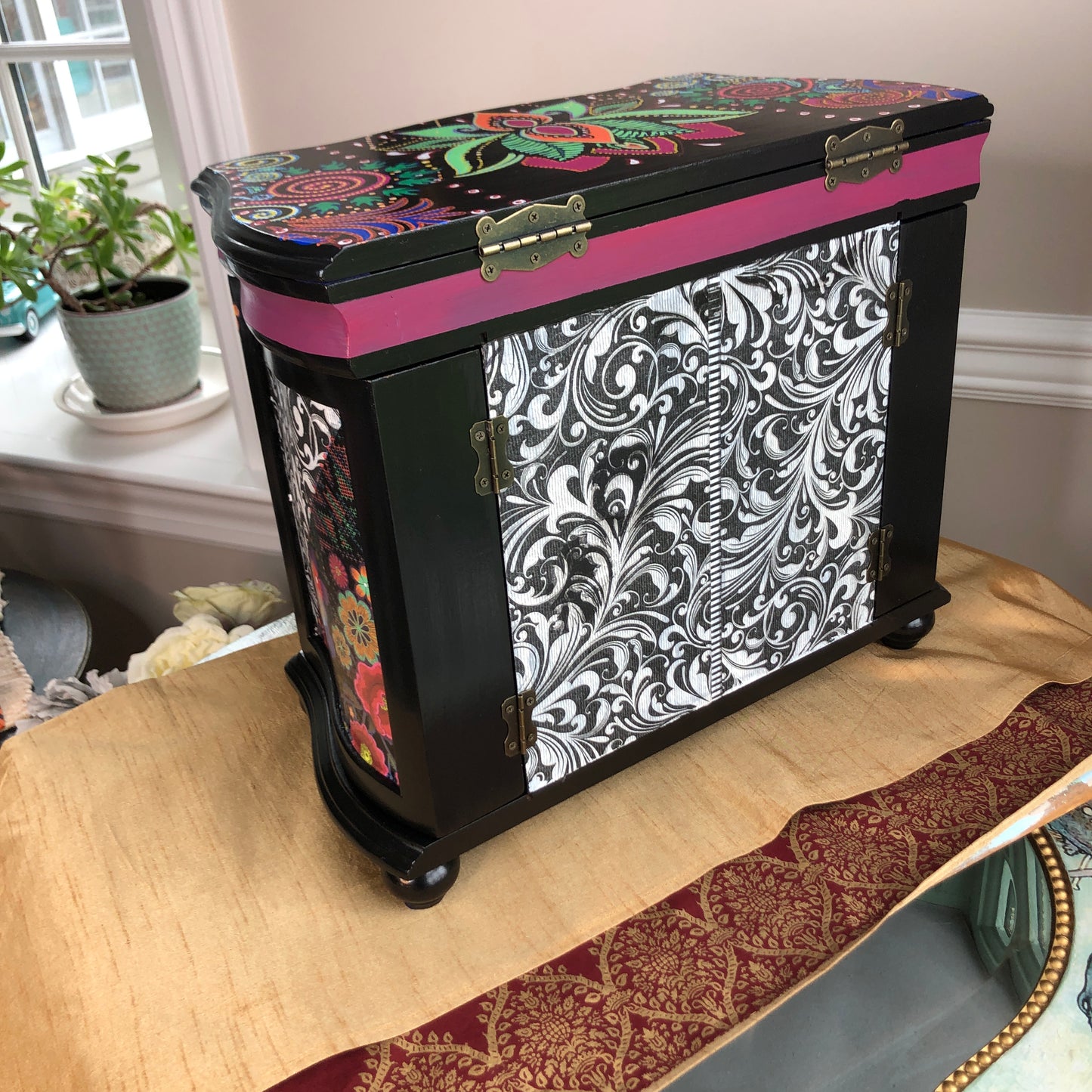 Bohemian Hand Painted Jewelry Box, Black and Multi Color