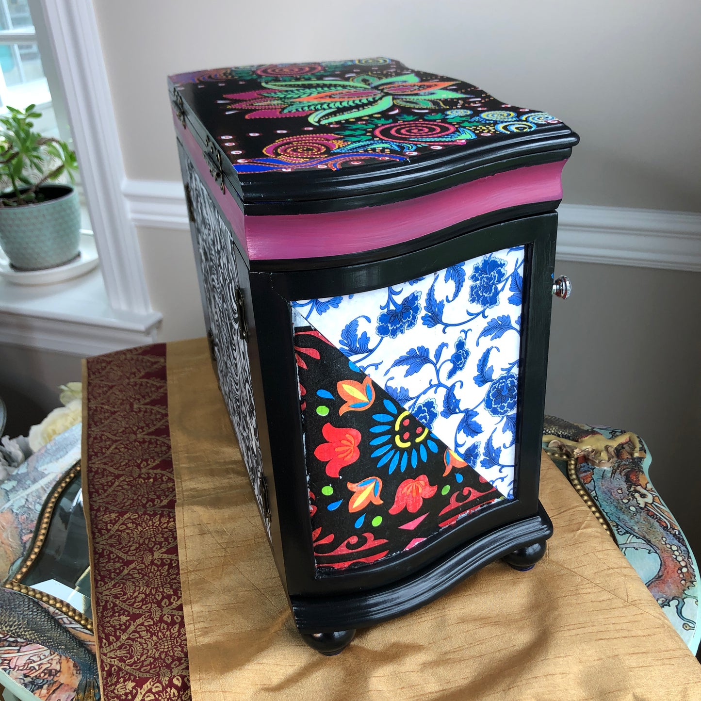 Bohemian Hand Painted Jewelry Box, Black and Multi Color