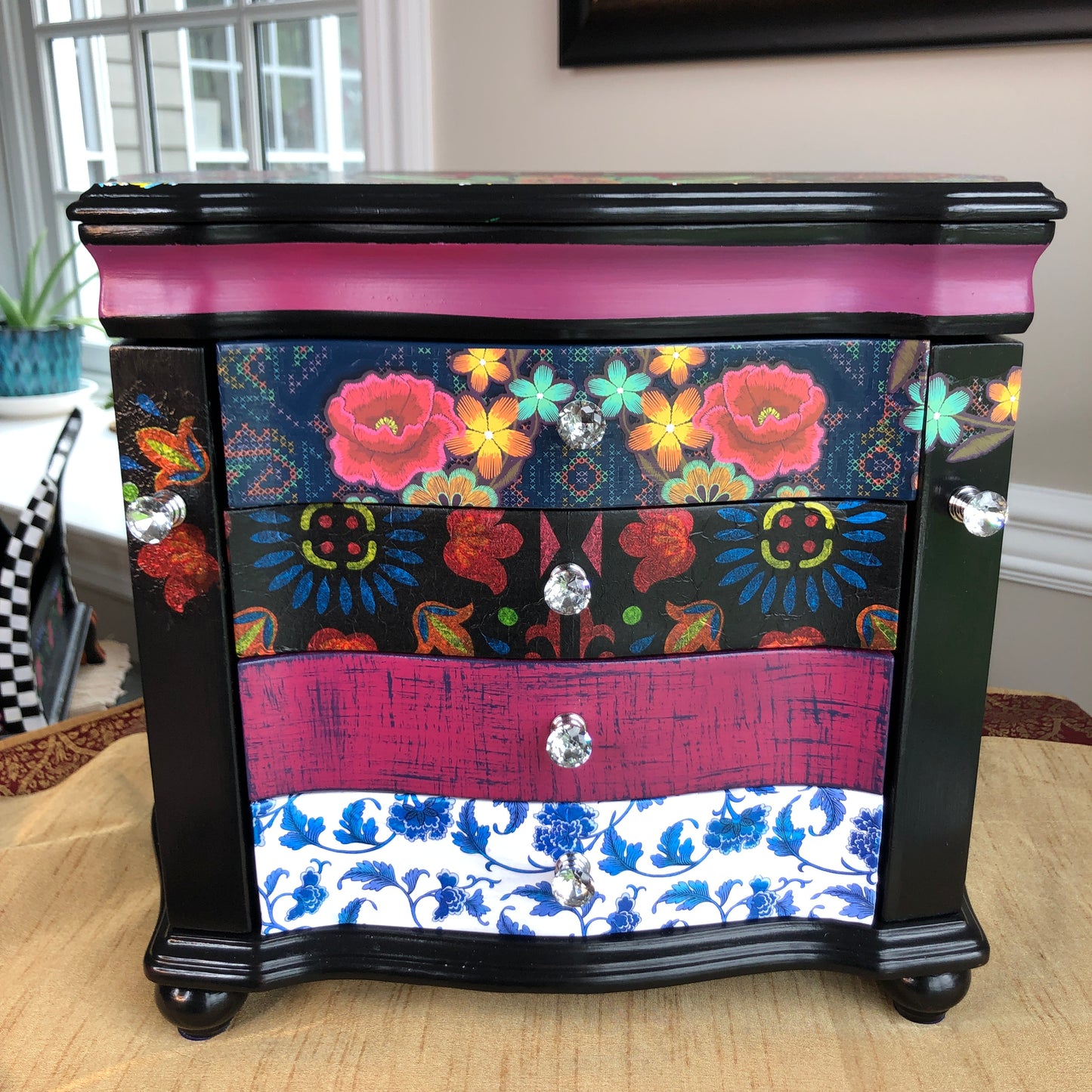 Bohemian Hand Painted Jewelry Box, Black and Multi Color