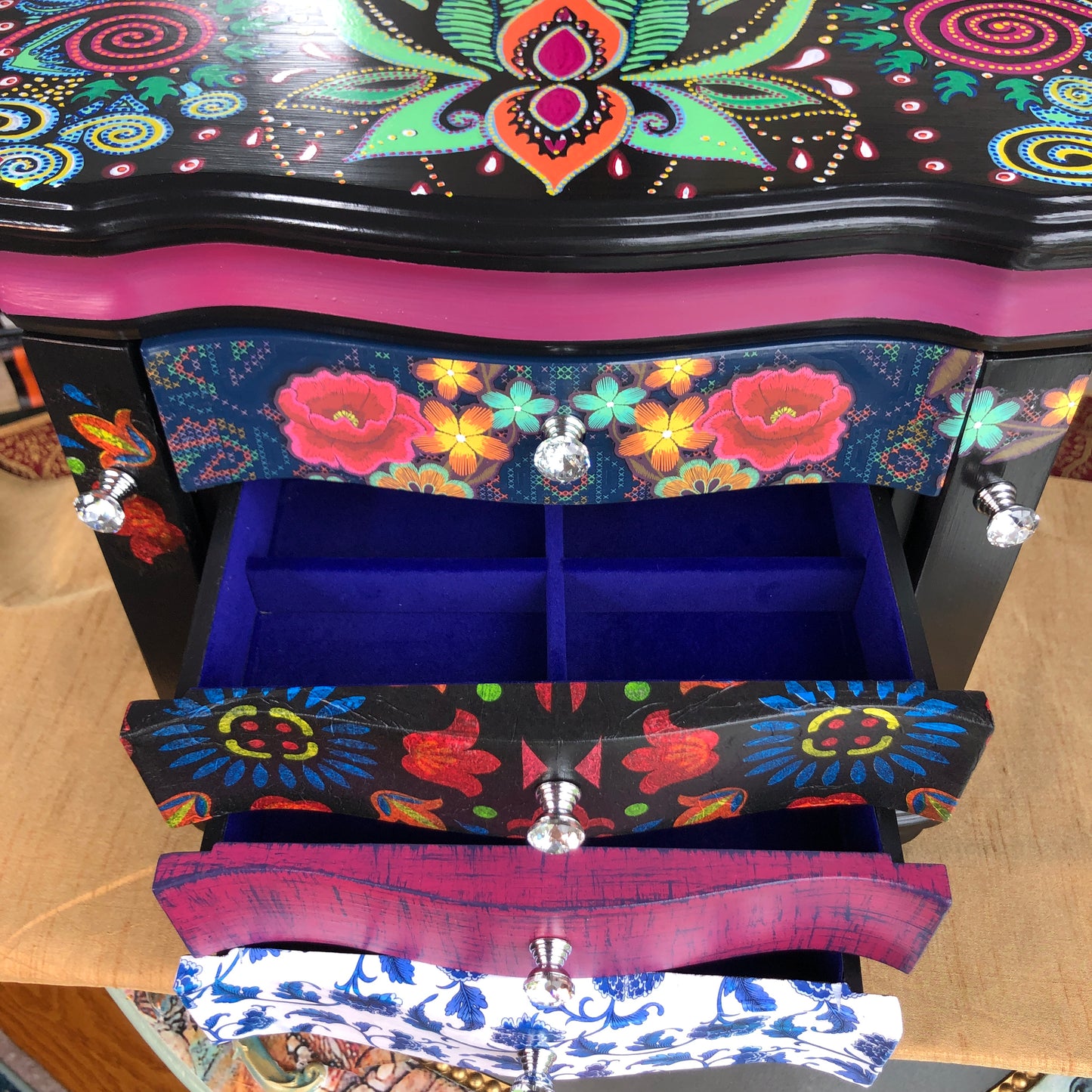 Bohemian Hand Painted Jewelry Box, Black and Multi Color