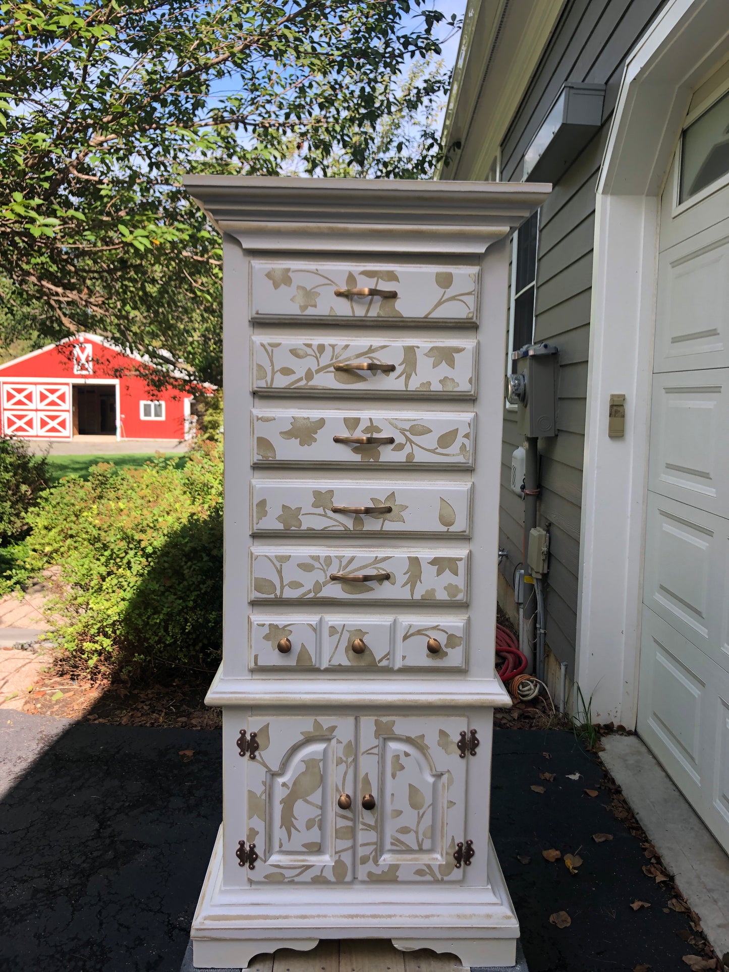 Folk Art Tall Chest of Drawers with Velvet Lined Jewelry Tray, White and Sand Colors