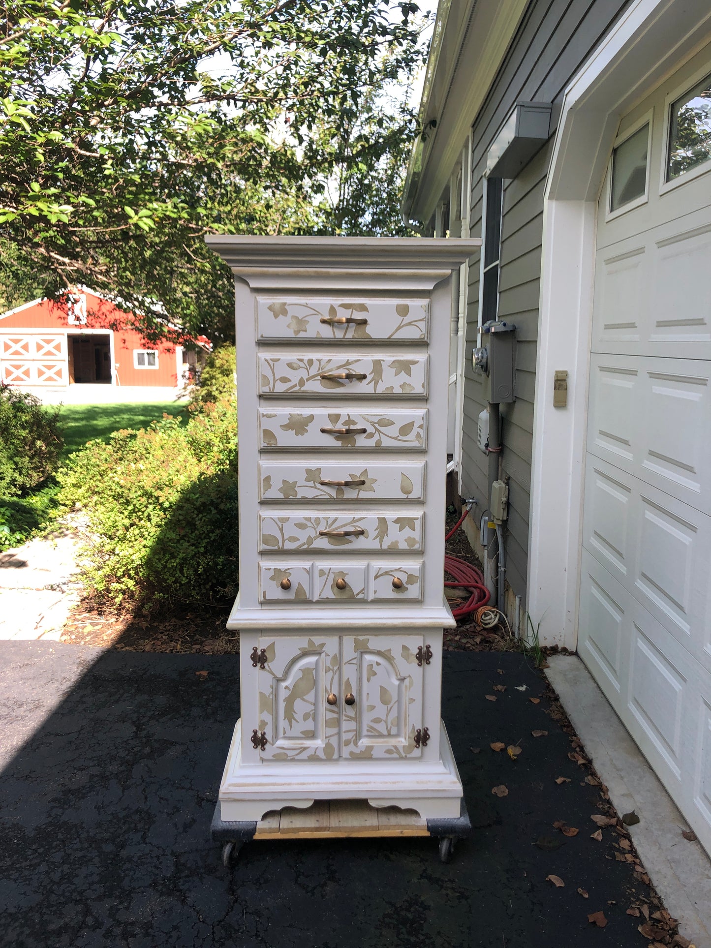 Folk Art Tall Chest of Drawers with Velvet Lined Jewelry Tray, White and Sand Colors