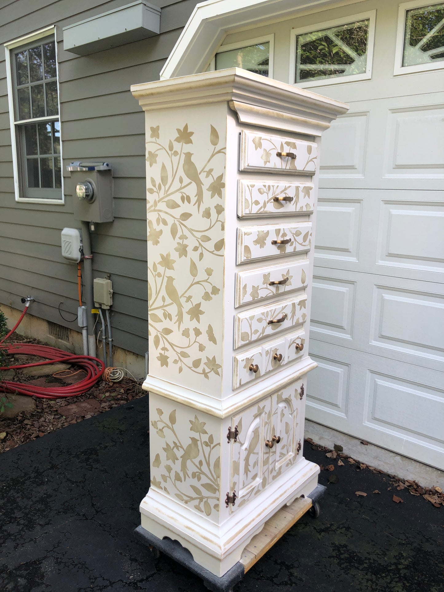 Folk Art Tall Chest of Drawers with Velvet Lined Jewelry Tray, White and Sand Colors