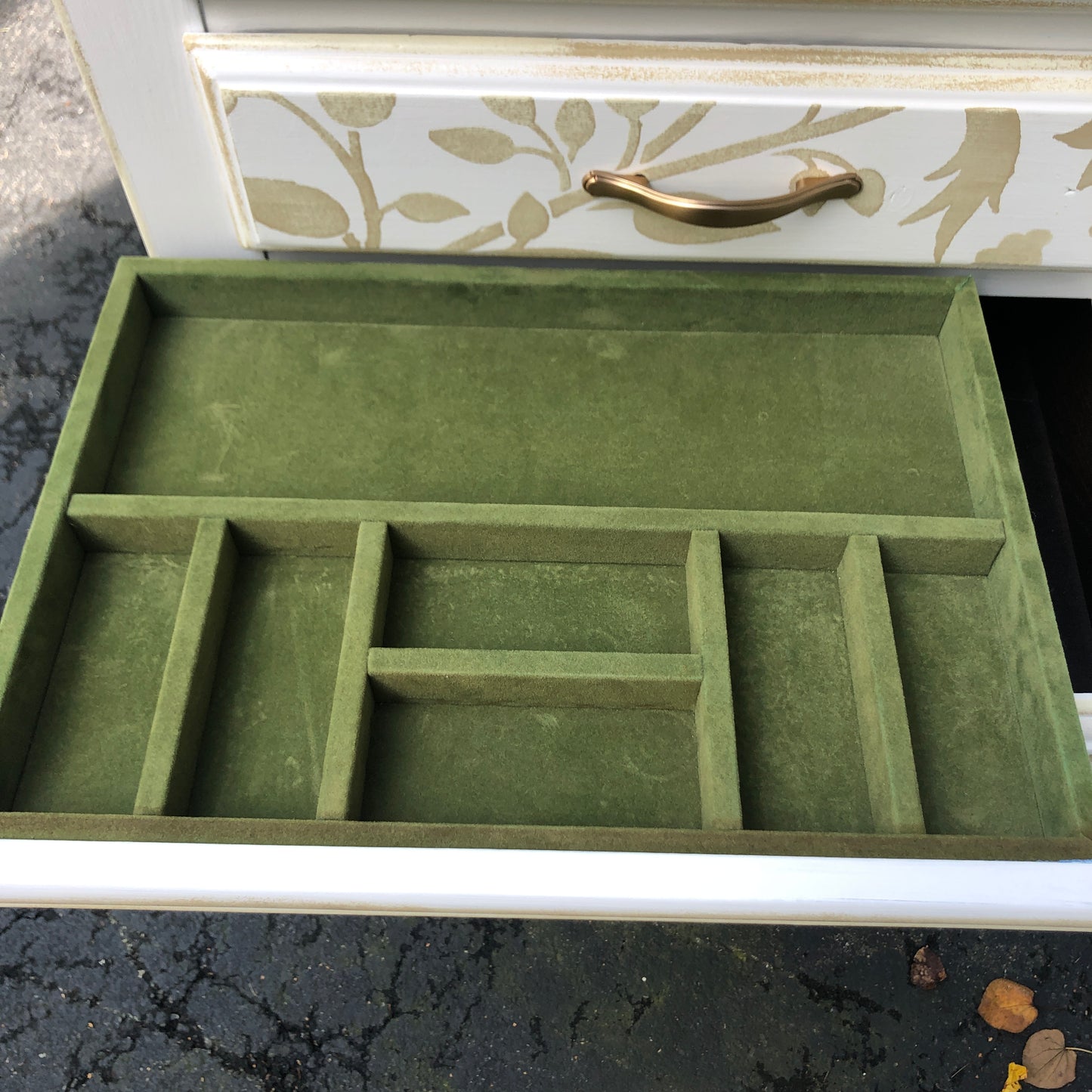 Folk Art Tall Chest of Drawers with Velvet Lined Jewelry Tray, White and Sand Colors
