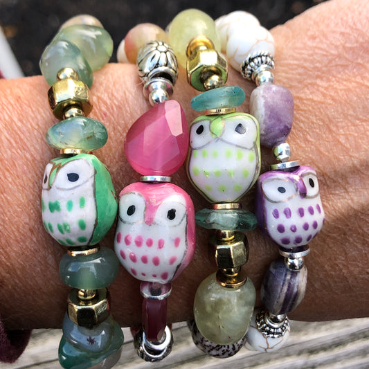 Owl Bracelets, Choose Pink, Green, Lime or Lavender, Stretch Bracelets