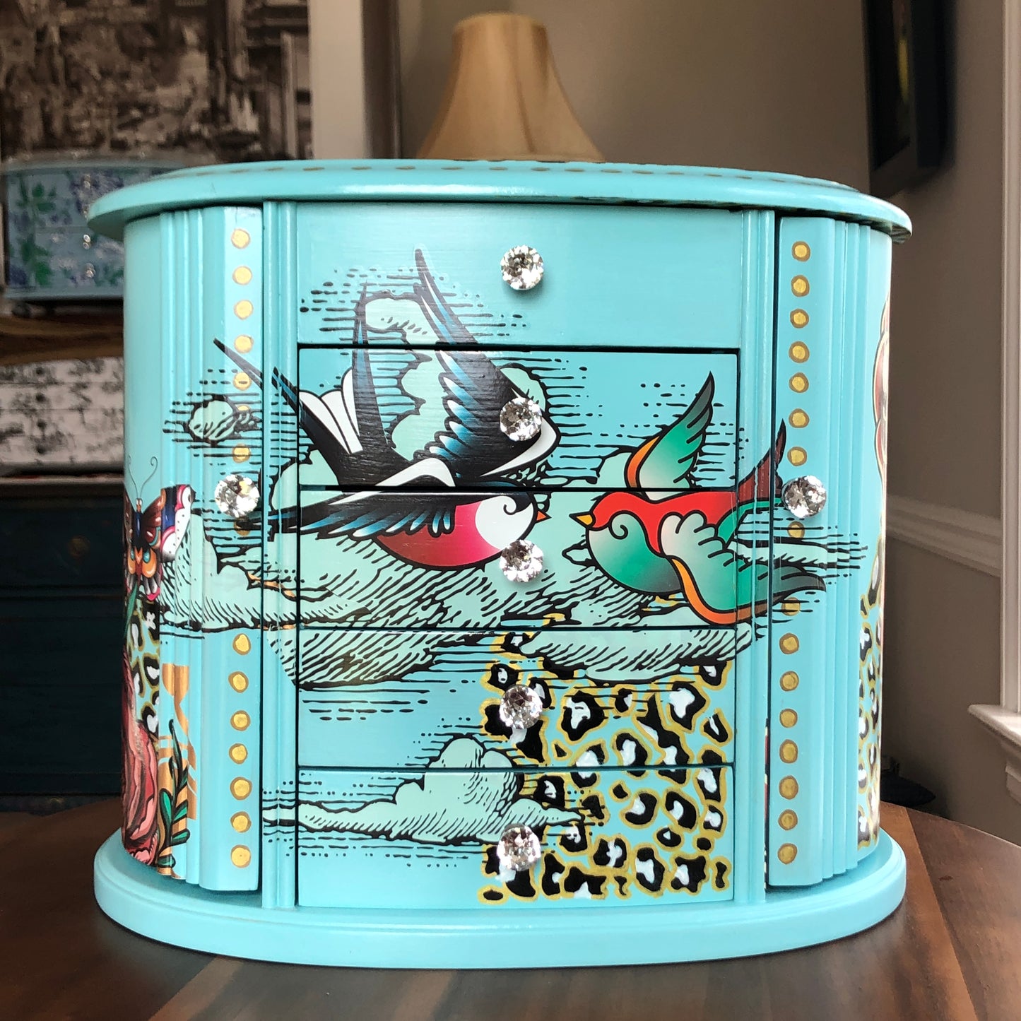 Bohemian Blue Jewelry Box, Hand Painted, One of a Kind