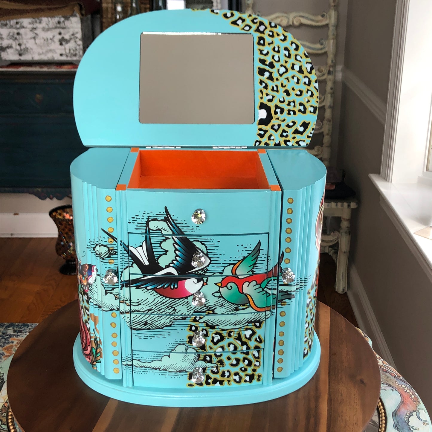 Bohemian Blue Jewelry Box, Hand Painted, One of a Kind