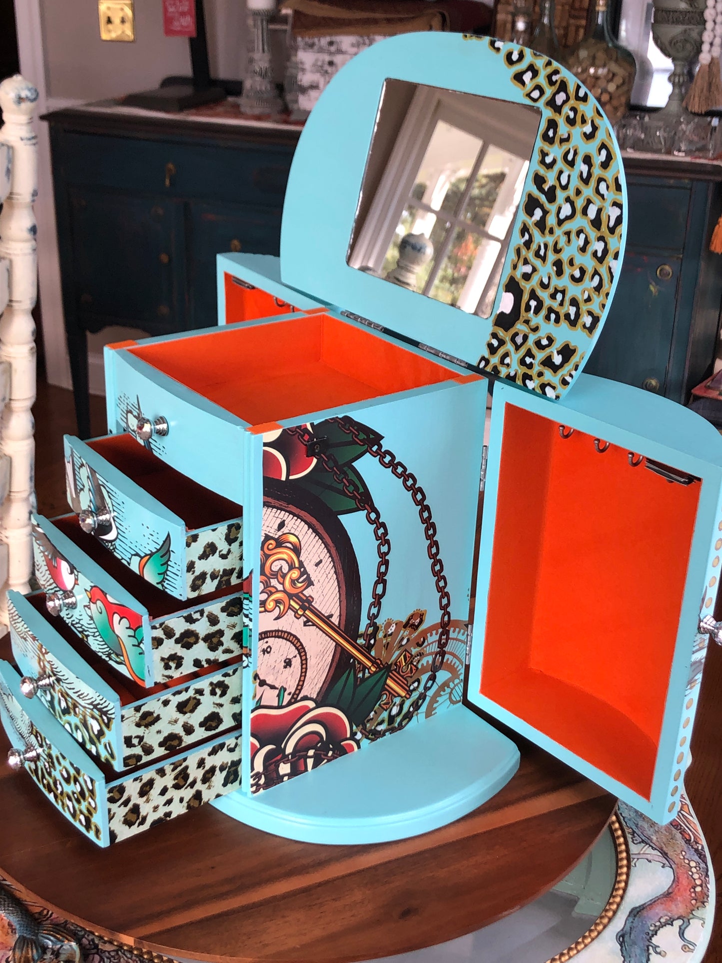 Bohemian Blue Jewelry Box, Hand Painted, One of a Kind