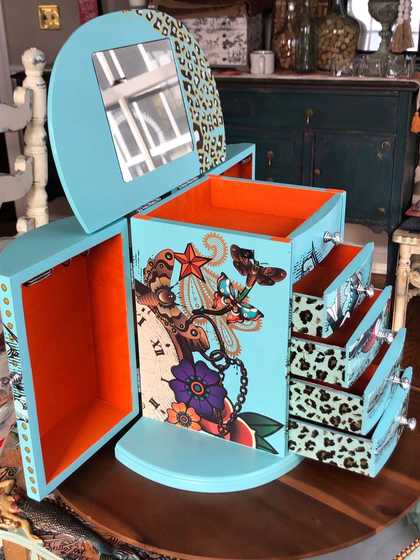 Bohemian Blue Jewelry Box, Hand Painted, One of a Kind