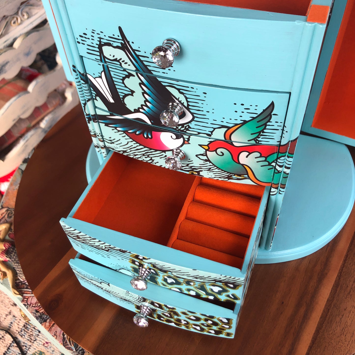 Bohemian Blue Jewelry Box, Hand Painted, One of a Kind