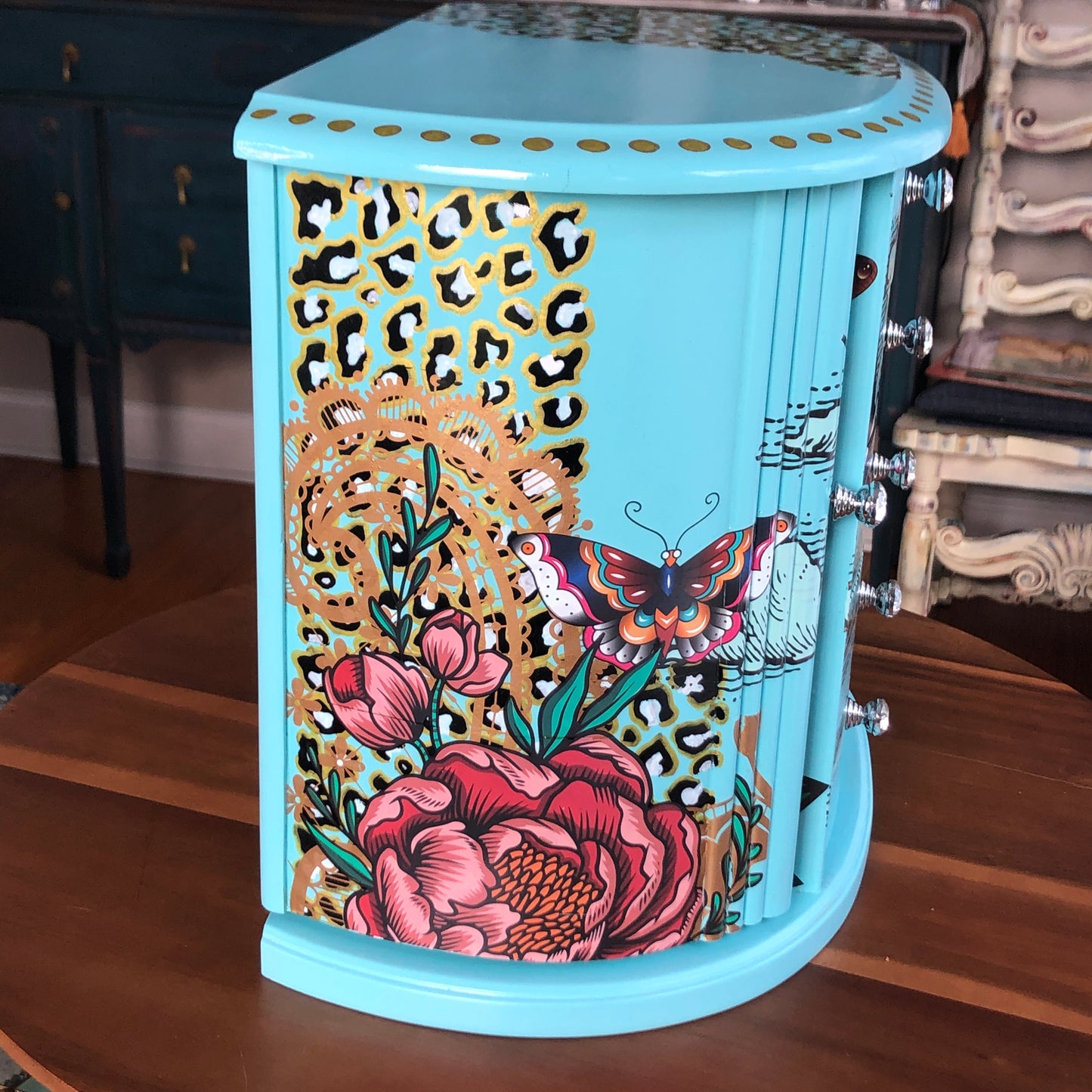 Bohemian Blue Jewelry Box, Hand Painted, One of a Kind