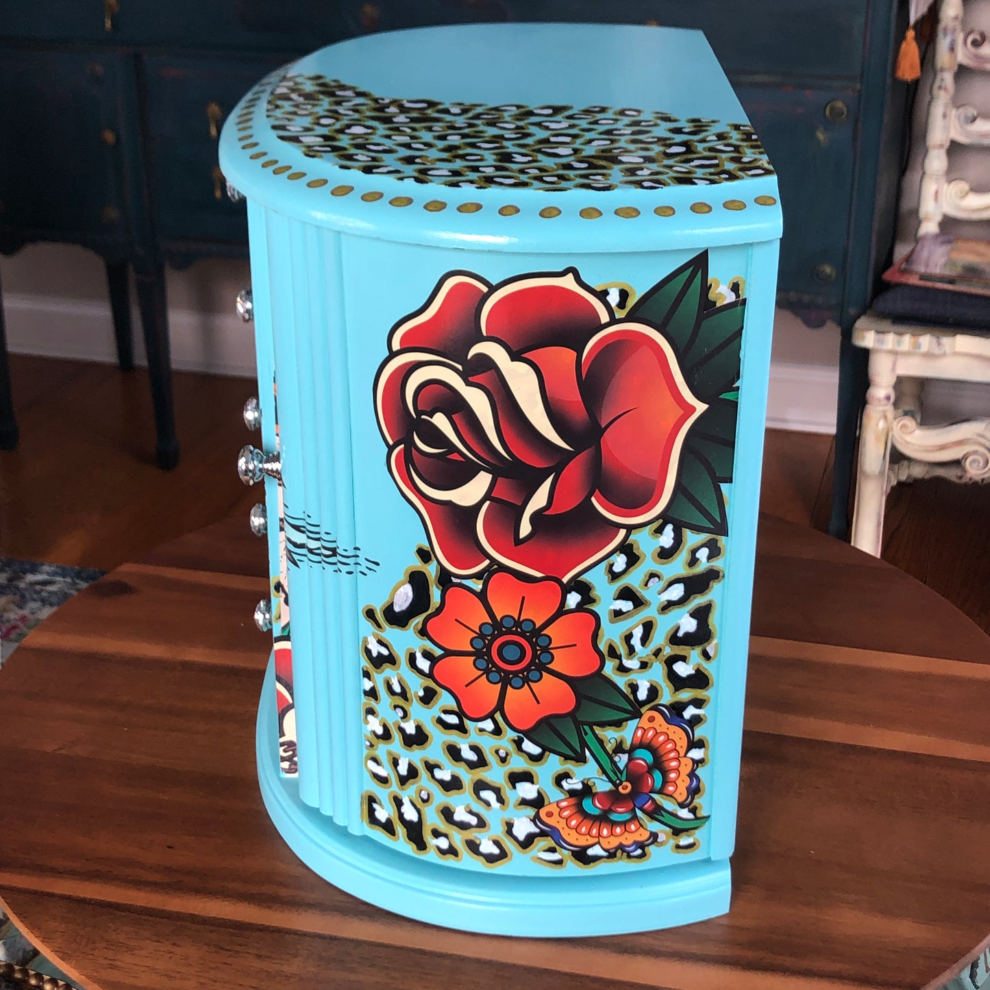 Bohemian Blue Jewelry Box, Hand Painted, One of a Kind
