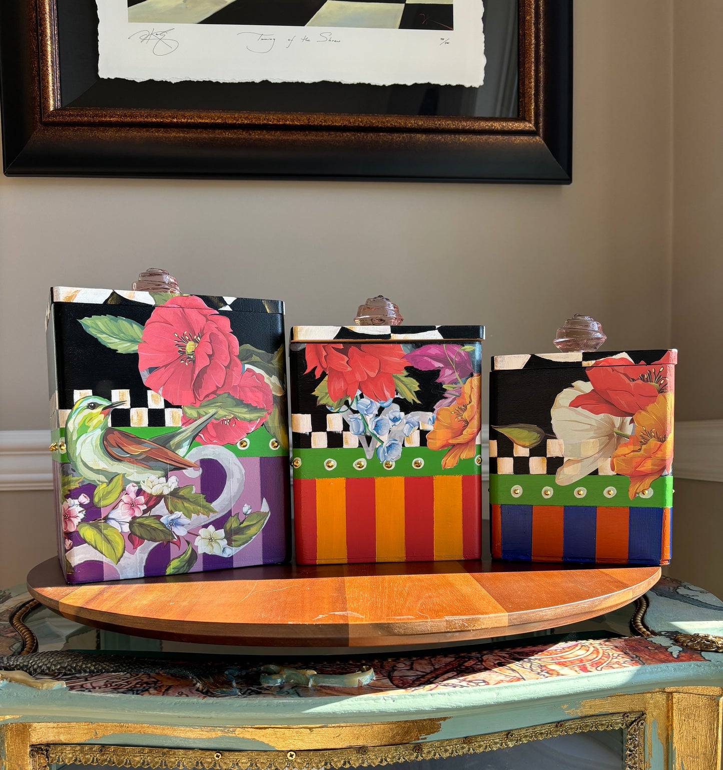 Vintage Canister Set, Wood, Re-Styled, Stripes, Checks, Floral, Flowers, Birds, Black and White, Fall Colors, Set of 3