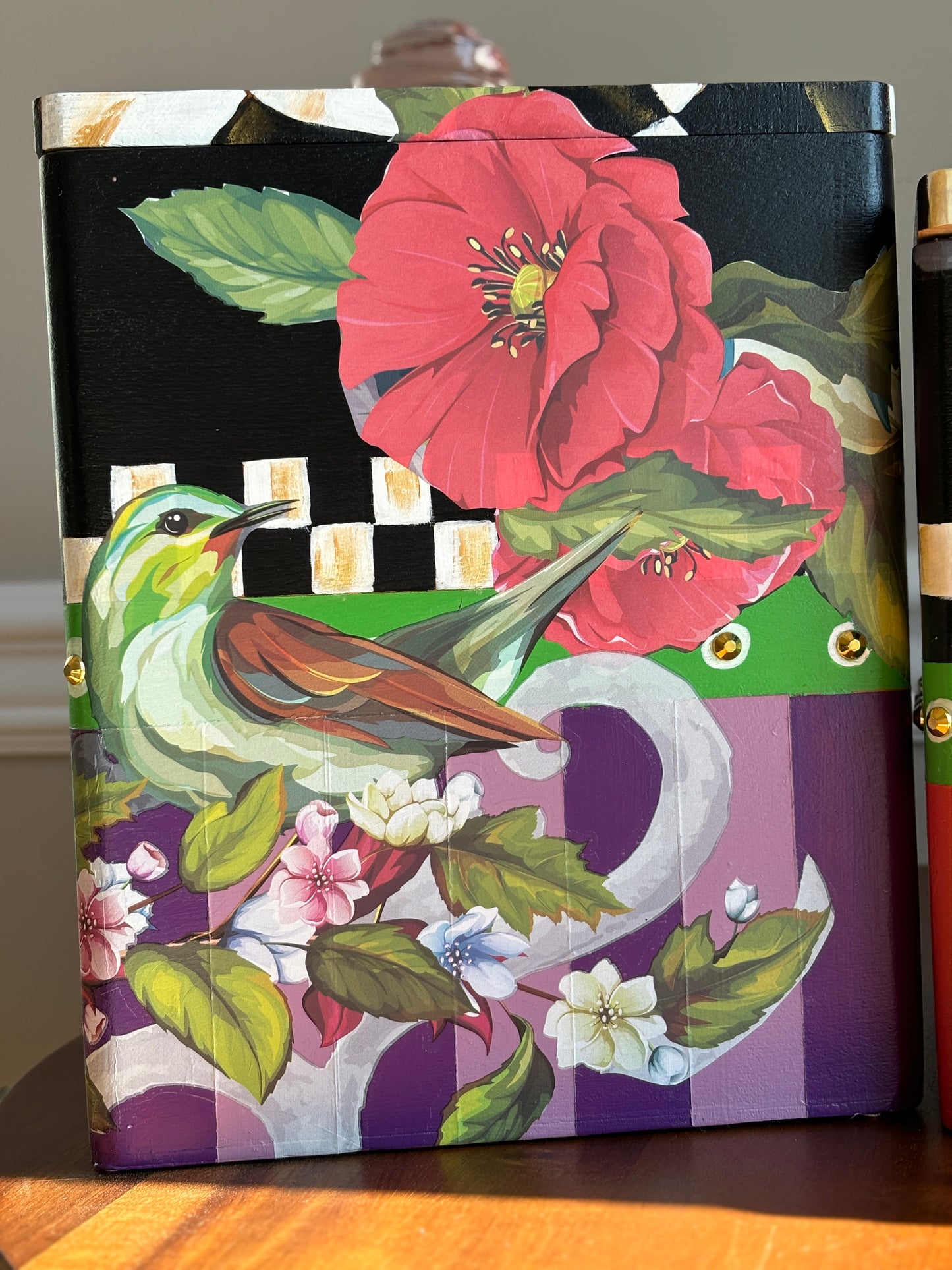 Vintage Canister Set, Wood, Re-Styled, Stripes, Checks, Floral, Flowers, Birds, Black and White, Fall Colors, Set of 3
