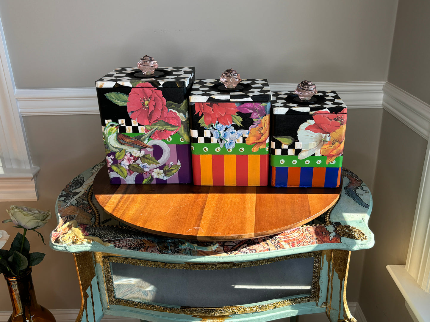Vintage Canister Set, Wood, Re-Styled, Stripes, Checks, Floral, Flowers, Birds, Black and White, Fall Colors, Set of 3