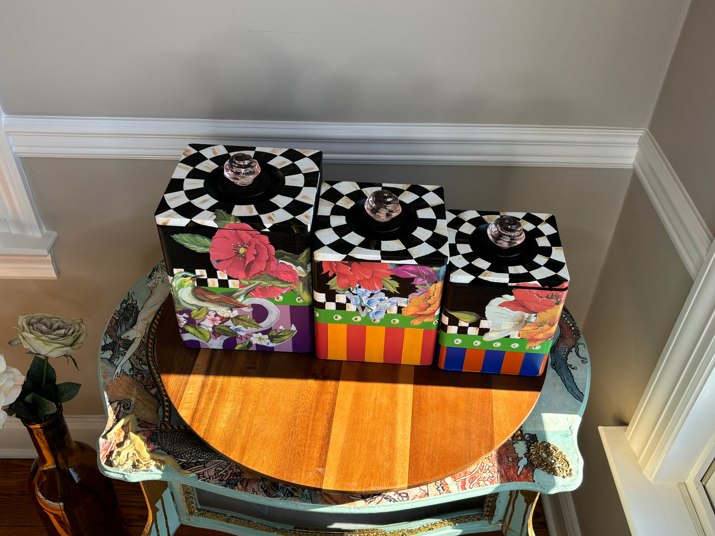 Vintage Canister Set, Wood, Re-Styled, Stripes, Checks, Floral, Flowers, Birds, Black and White, Fall Colors, Set of 3